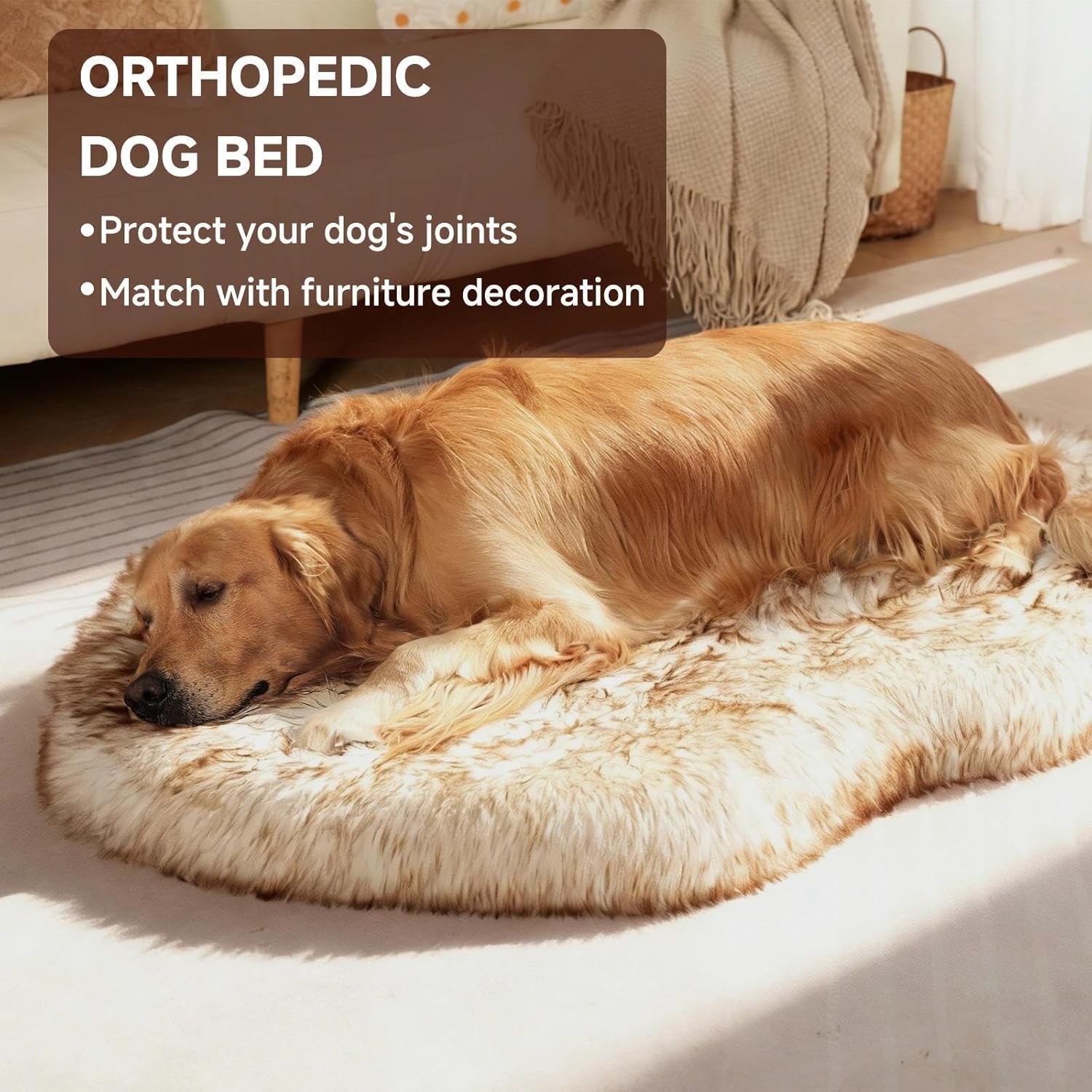 Faux Fur Dog Bed, Orthopedic Double-Layer Foam Dog Beds for Couch, Fluffy Rug Pet Bed with Machine Washable Cover, Large, 43" x 30"