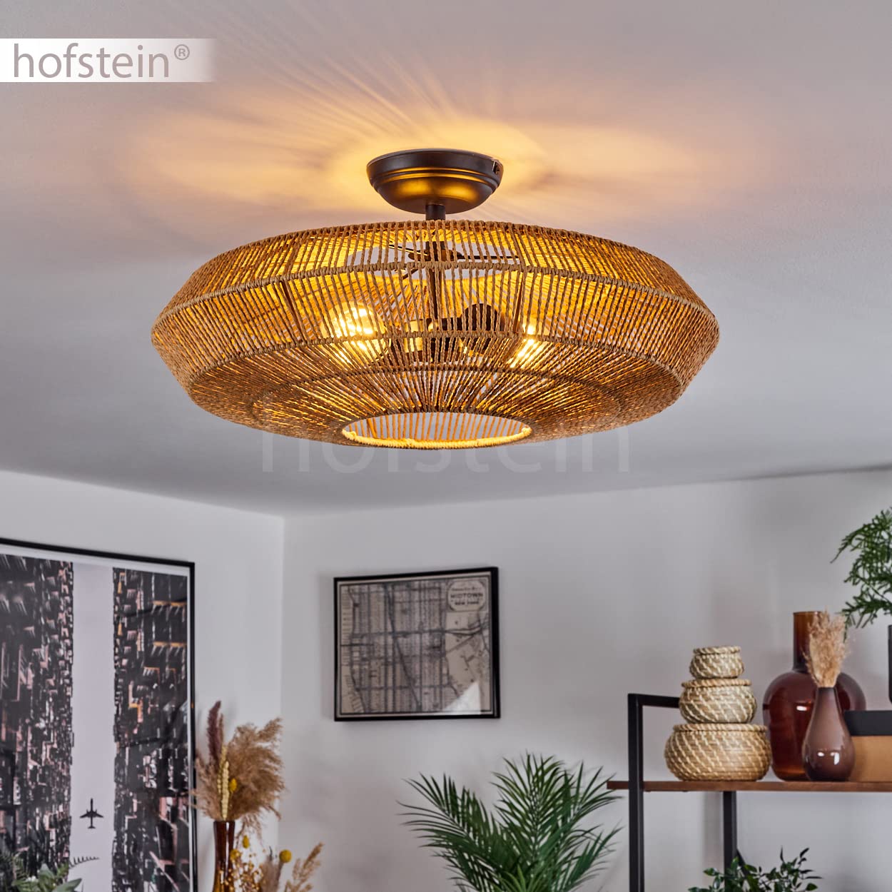 Lampada da soffitto Cassano, lampada da soffitto moderna in metallo/rattan in nero/natura, lampada dal design moderno con effetto luce, ø51,5 cm, 1 luce, 1 x E27, senza lampadina/e