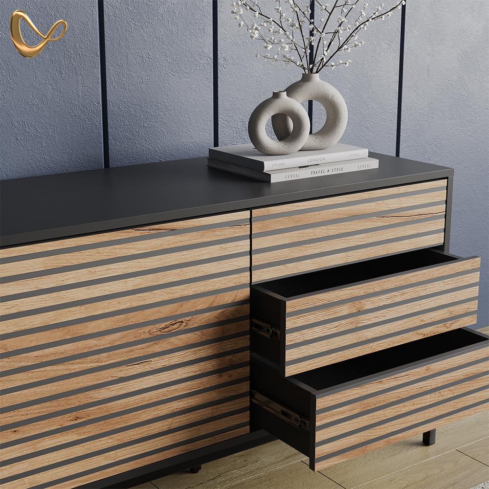 Livinity Lowboard Aterno Goldkraft Eiche/Anthrazit | mit 3 Schubladen