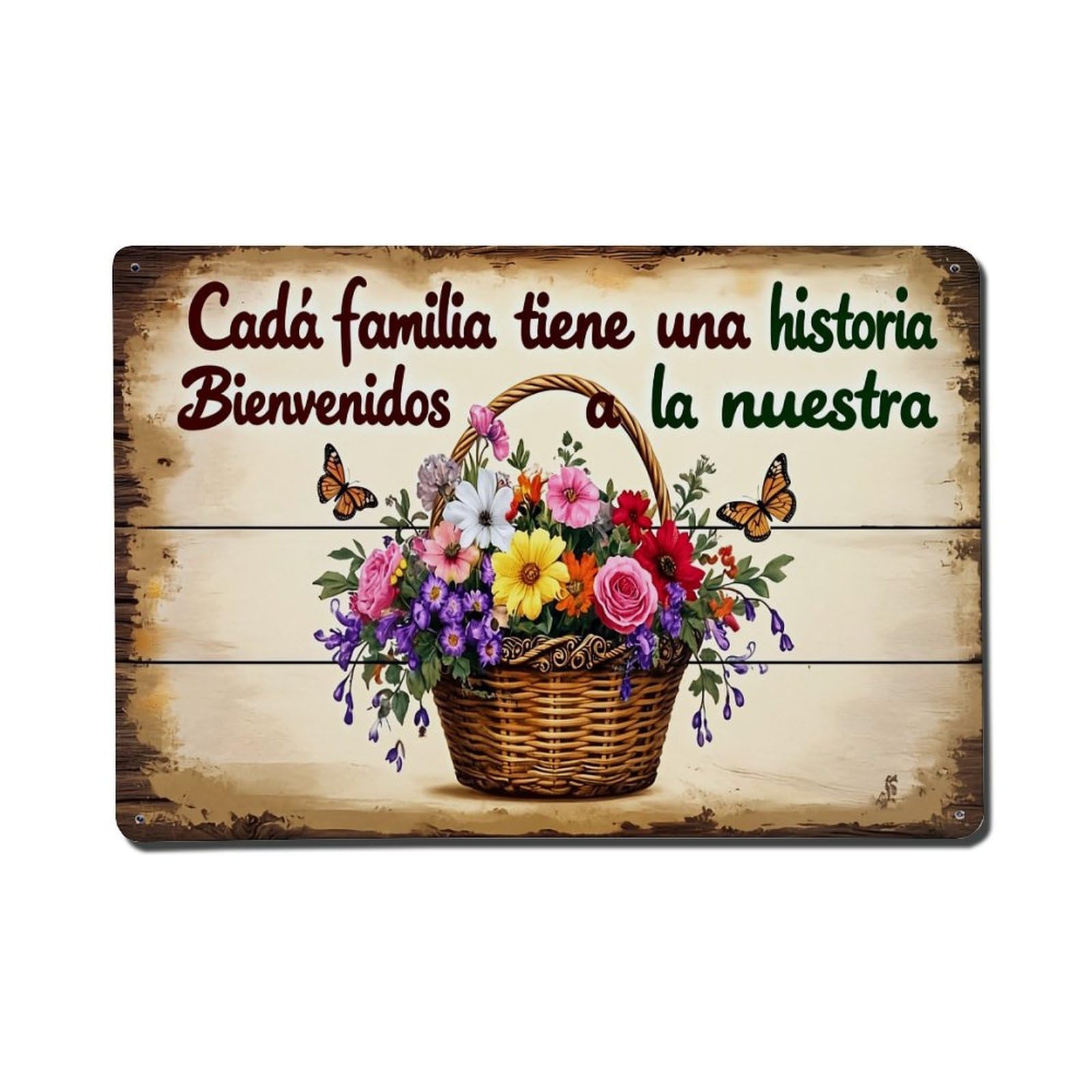 Flower Basket Butterflies Wood Background Retro Metal Tin Sign, Vintage Metal Poster for Home, Gaming Room, Studio Workshop,Bar,Garage Wall Art Decor 8x12 Inch