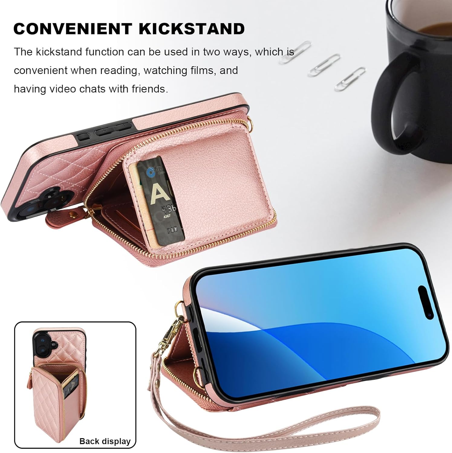 Bocasal Crossbody Wallet Case for iPhone 16 Plus, RFID Blocking PU Leather Zipper Handbag Purse Flip Cover, Kickstand Folio Case with Card Slots Holder Wrist Strap Lanyard 5G 6.7 Inch (Rose Gold)