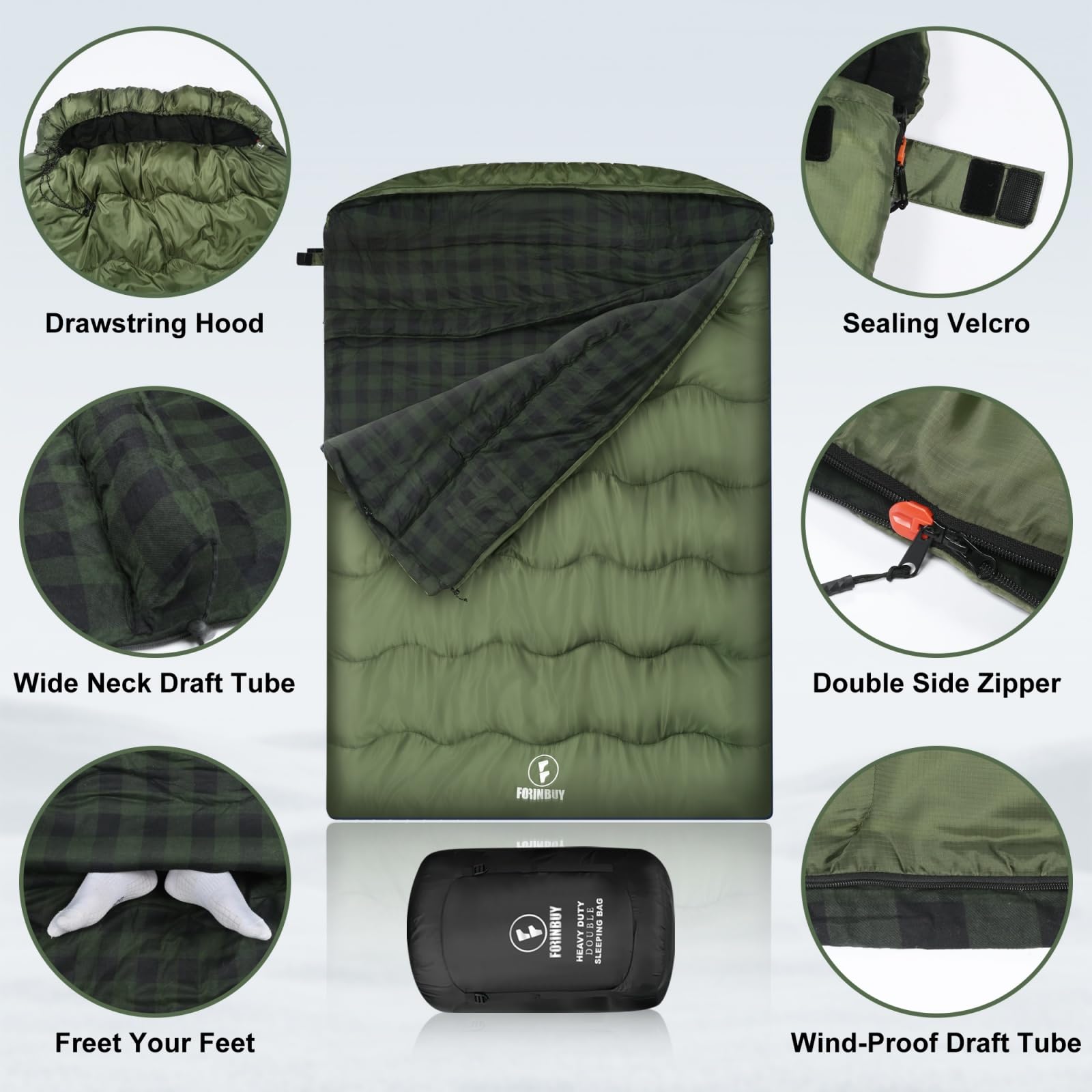Doppelschlafsack 2 Personen 230x150cm – Flanell-Deckenschlafsack | Weiches Flanell-Futter, wasserdichtes Außenmaterial, ideal für Camping, Wohnmobil &Festival, geräumig für 2, warm & kuschelig