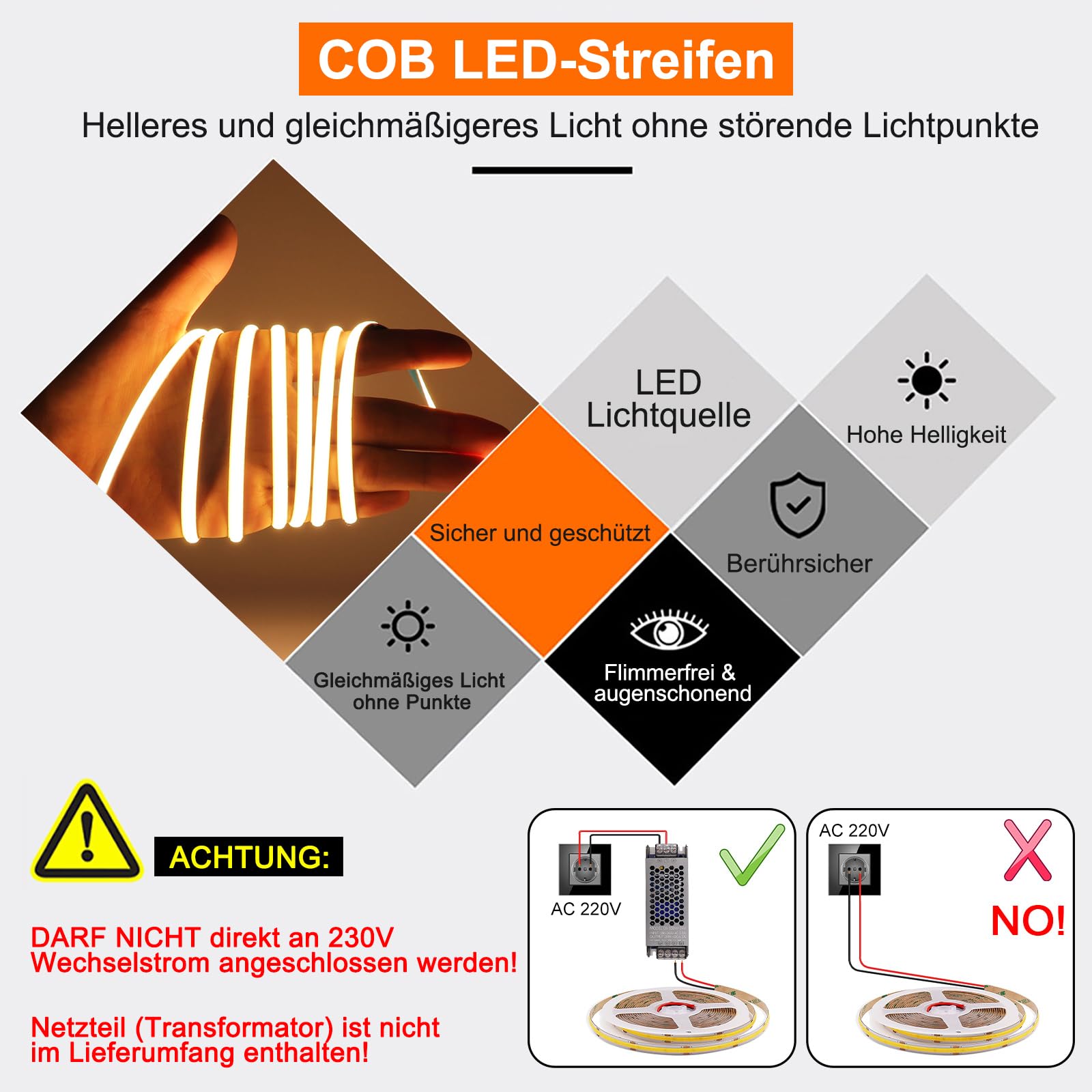 5m 12V COB LED Streifen 5mm 400LED/m 5m Warmweiß 3000K CRI>90 ultradünn dimmbar flexible Lichtleiste Innenbeleuchtung für Küche Regal Schlafzimmer DIY Deko Lichtband (ohne Netzteil und Controller)