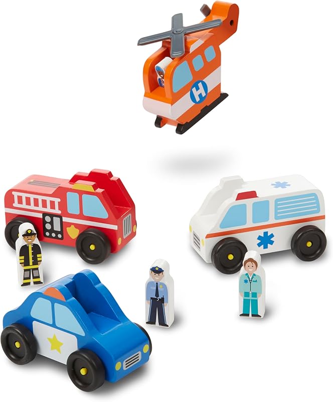 Emergency Vehicle Wooden Play Set with 4 Vehicles, 4 Play Figures