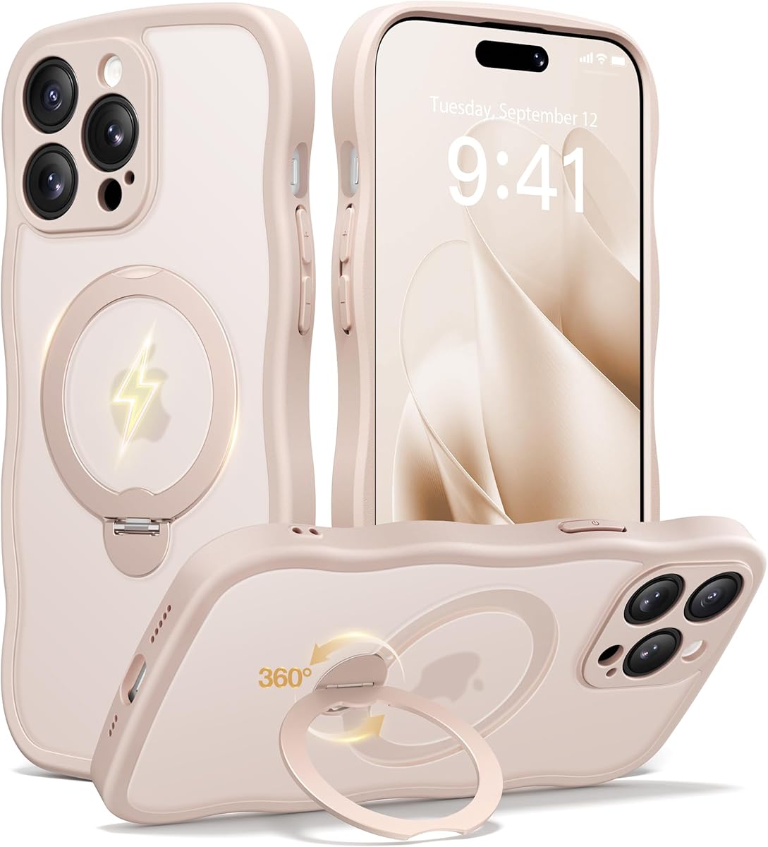 CAPRARO for iPhone 14 Pro Case with 360° Spin Magnetic Stand for Women, [Compatible with MagSafe] [Full Camera Protection] Cute Wave Translucent Matte Case for iPhone 14 Pro, Rose Gold