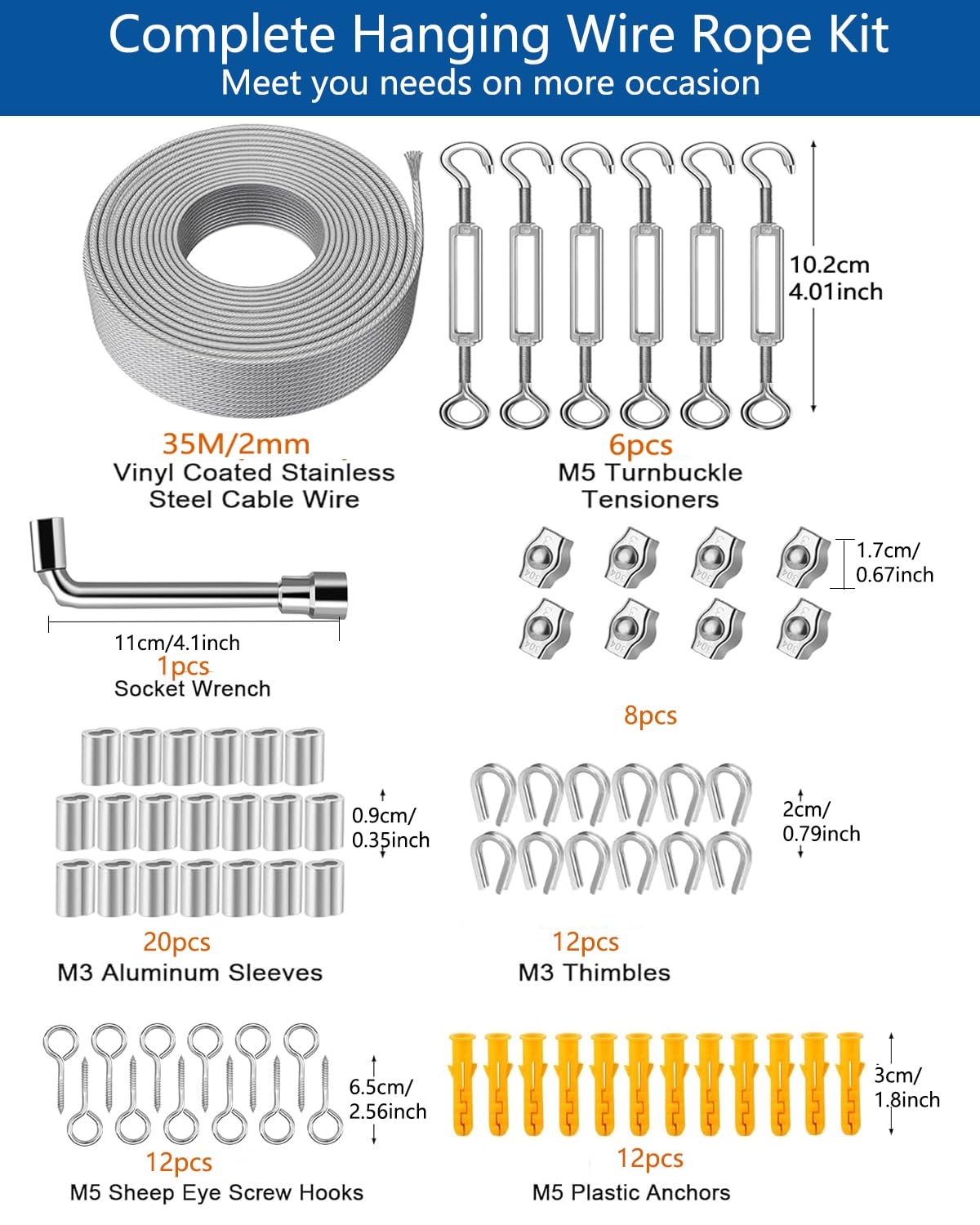 35M Drahtseil Rankhilfe Set 2mm Stahlseil Ummantelt Langlebiges Stahlseil-Set mit Seilspanner,Drahtseilklemme, Stahlseil ummantelt für Kletterpflanzen,Gardinen,Beleuchtung und String Light Hanging