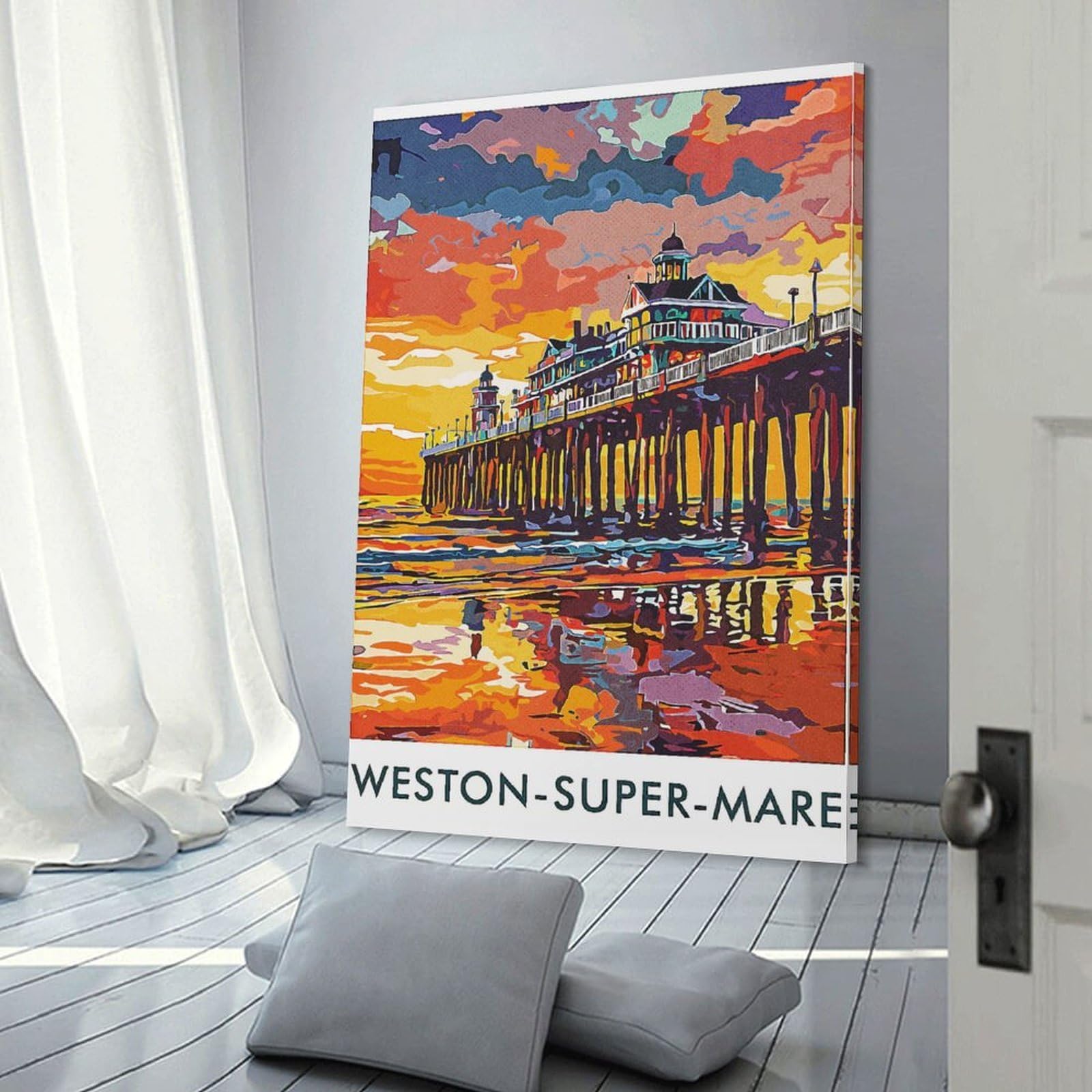 Junmoney Weston-super-Mare Pier Canvas Wall Art, 20x30inch(50x75cm), for Bedroom Decor, Cosy Corners Or Studios, Stylish Decor for A Restful Room Update