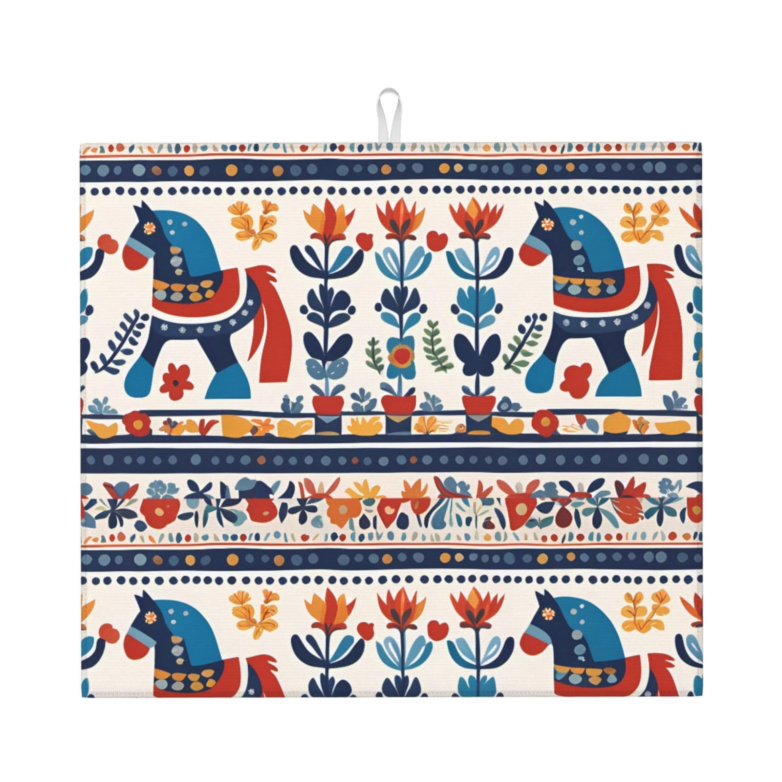 WHJSHOP Swedish Dala Horse Folk Prints Kitchen Drying Mat - Absorbent Dish Drying Throw with Vibrant Prints, Quick-Dry Countertop Layer for Dishes & Glassware - Non-Slip