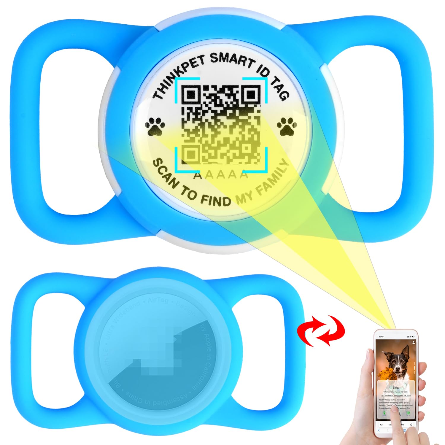 ThinkPet AirTag Dog Collar Holder with QR Code Smart Pet ID Tag, Dual ...