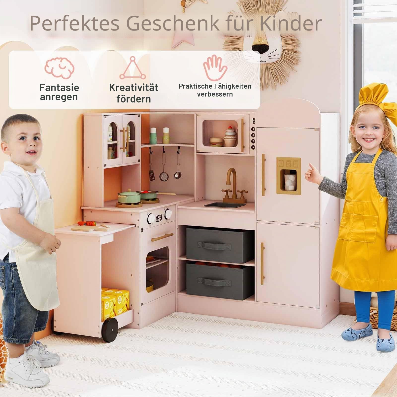 HOMASIS Eck Kinderküche Holz, Spielküche mit Licht & Sound, Spielzeugküche mit Spüle Herd Ofen Eismaschine Mikrowelle Kühlschrank, inkl. Arbeitsplatte, Zubehör & 2 Körbe, für Kinder ab 3 Jahren (Rosa)