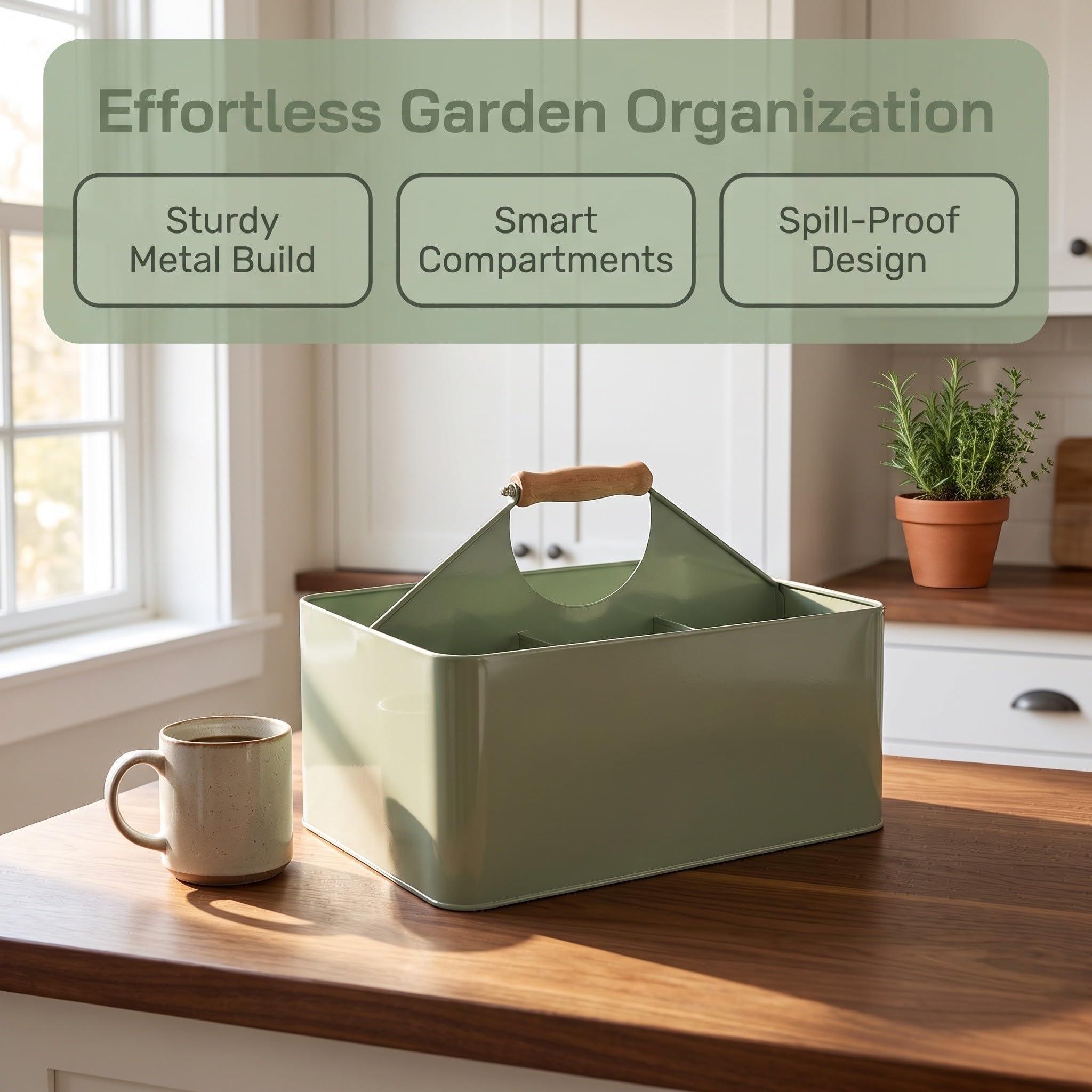 TOYANDONA Caja de Almacenamiento para Semillas de Jardinería de Hierro con 4 Compartimentos y Asa, Fácil de Limpiar, Adecuado para Balcones y Alféizares, Color Verde, Tamaño 29.5x22.6x20 Cm