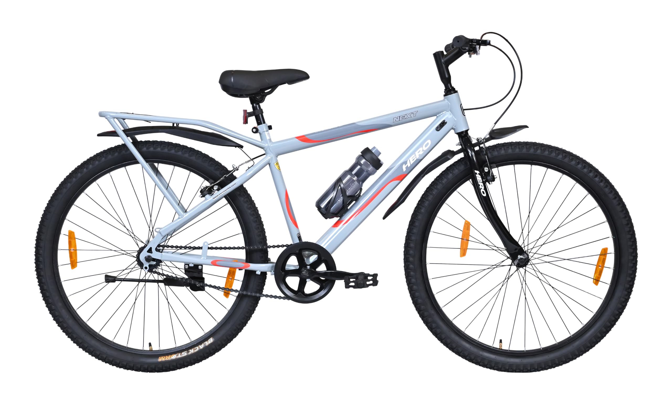 Hero Next 26T Single Speed Mountain Bicycle for Mens | Rigid Suspension | Integrated Carrier | V Brake | Frame 17.5 Inches | Grey-Red | 85% Assembled Bicycle-image-10