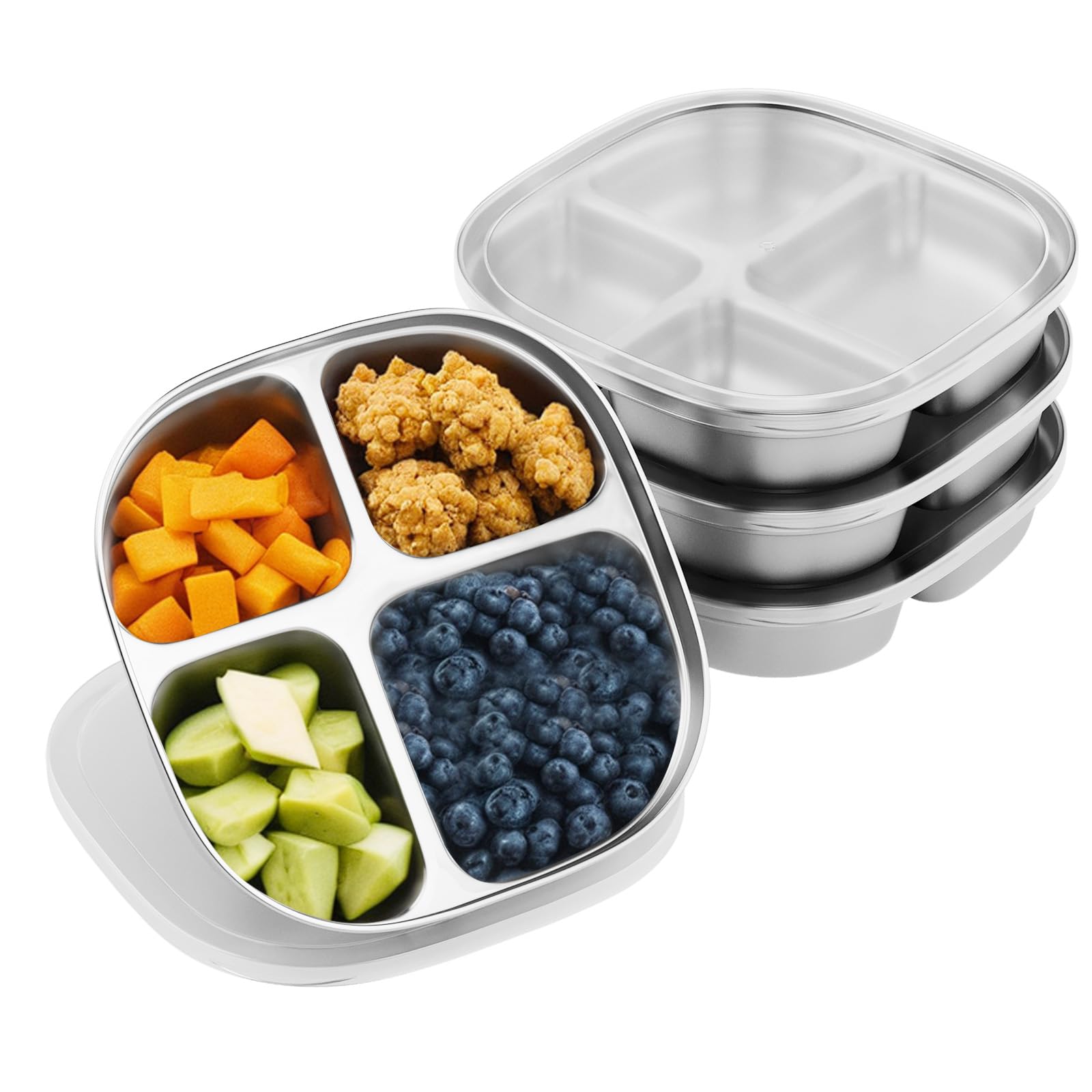 Conjunto 4 Pratos Infantis Aço Inoxidável Com Tampas - 3 Divisórias, Livre De BPA