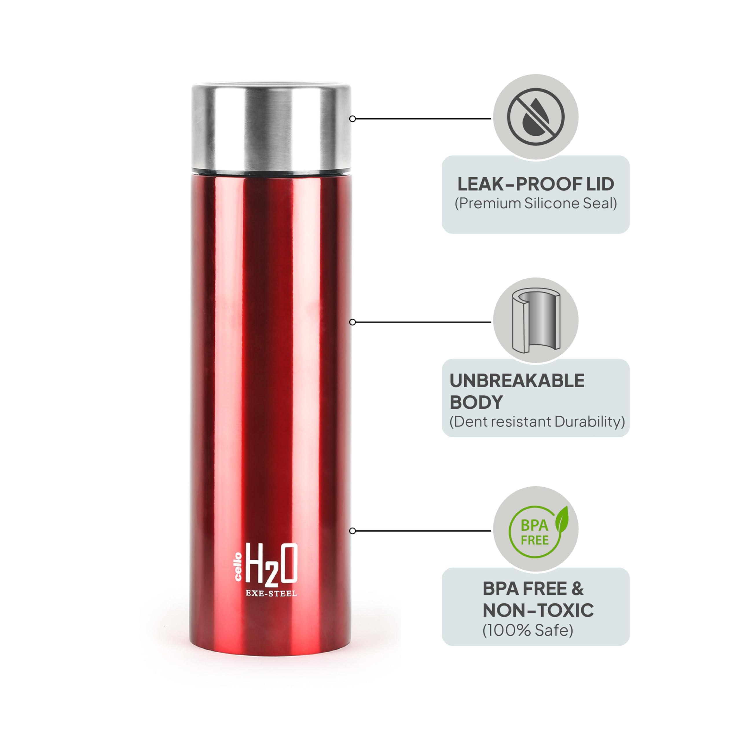 CELLO H2O Stainless Steel Water Bottle for Office & Daily Use 1000 ml, Red | Single Wall Freezer & Fridge Safe, Lightweight & Stylish Leakproof Rustproof Steel Water Bottle for School, Gym & Travel 1