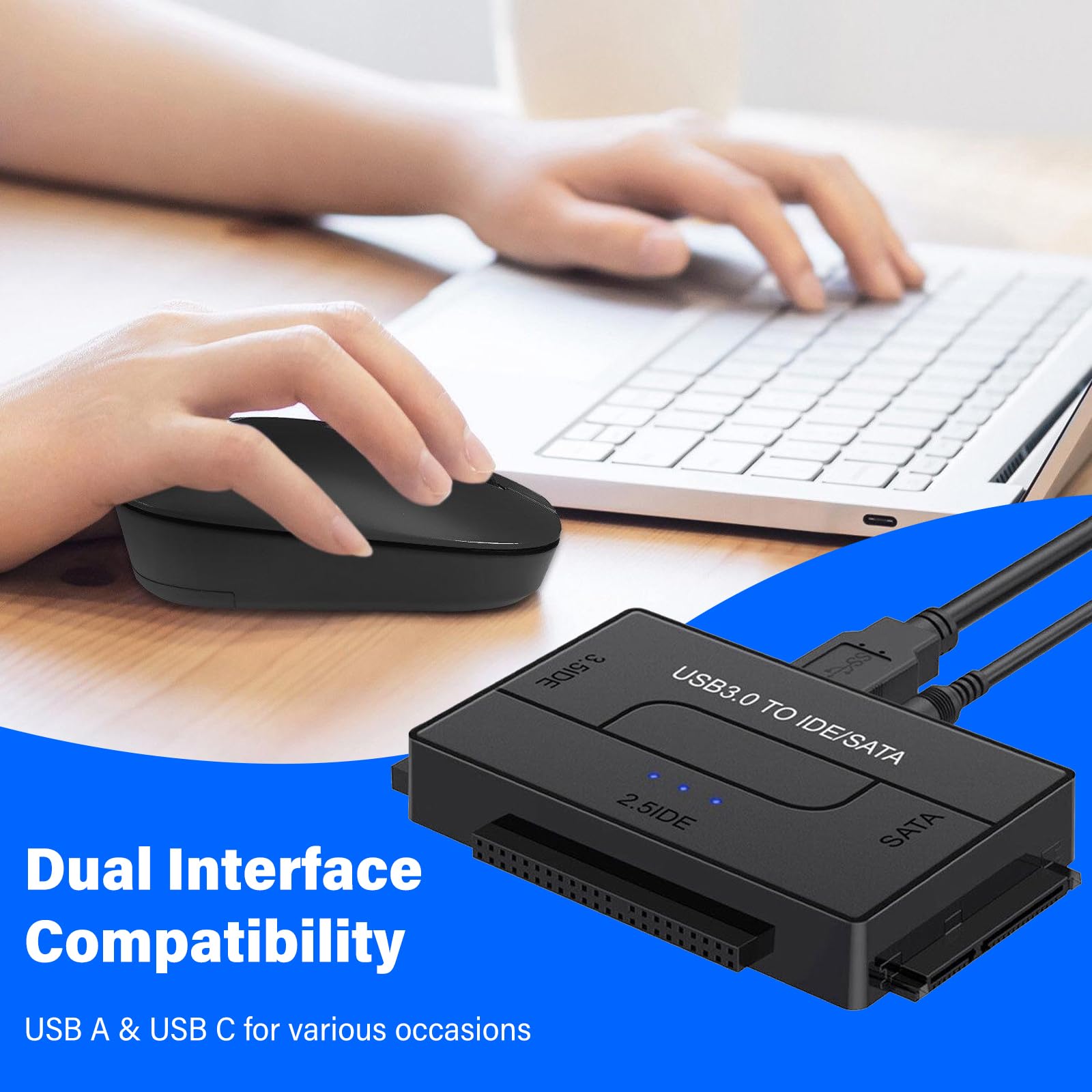 Adattatore USB 3.0 a SATA IDE da USB 3.0 a IDE/SATA per dischi rigidi SATA da 2,5/3,5 pollici, adattatore per disco rigido esterno con cavo USB, cavo SATA e alimentatore da 12 V/2 A
