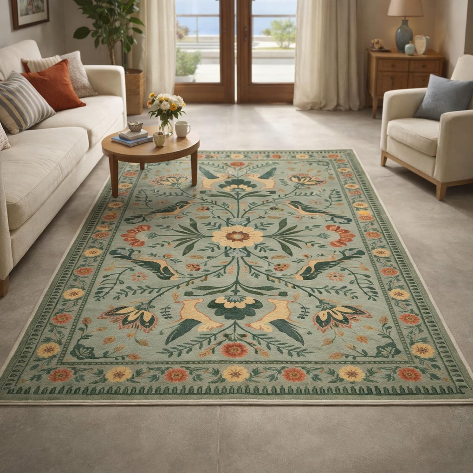 Tapis de décoration floral vintage aux finitions soignées vert forêt et rouge 120x200