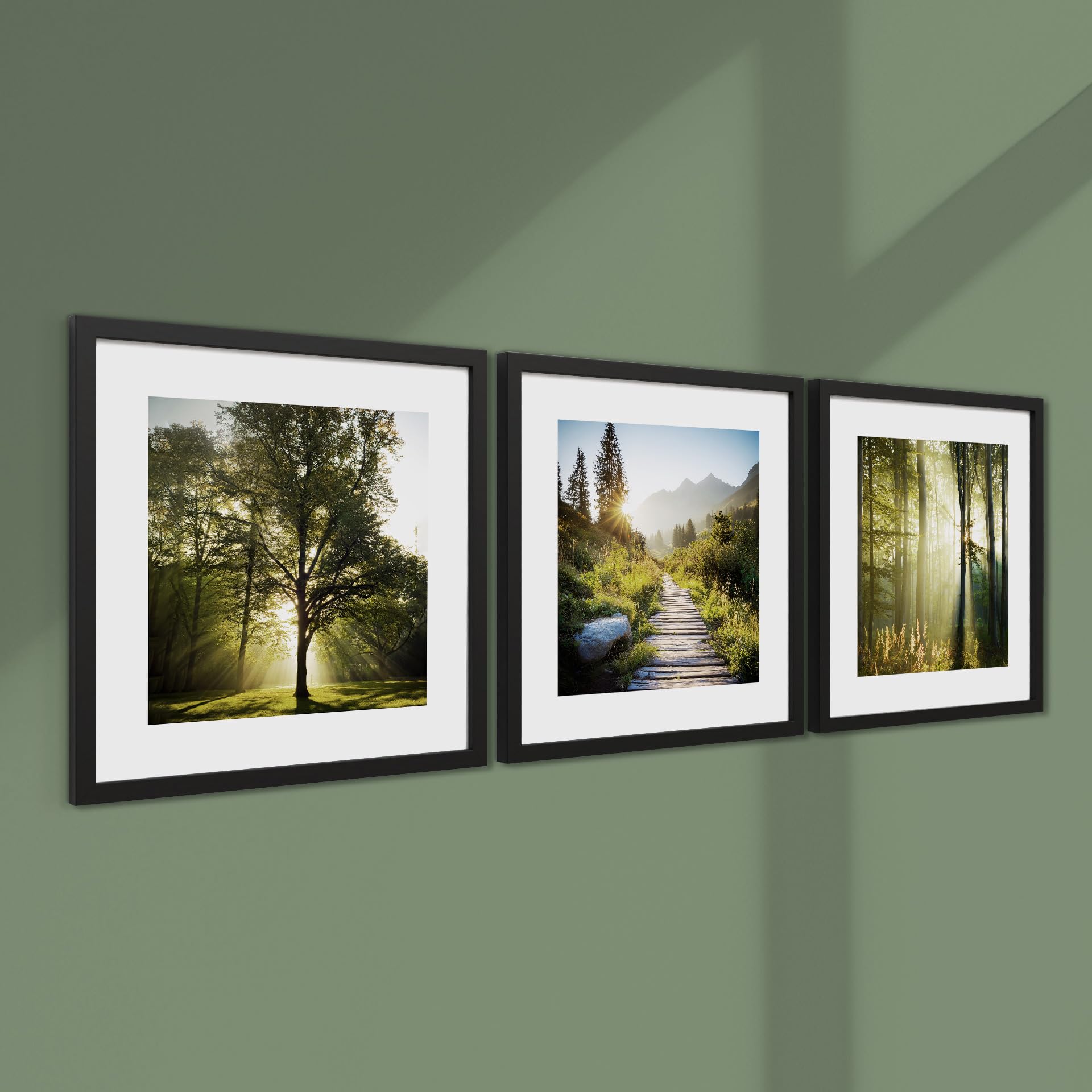 STYLER Bilder Set Sunny Woods 3x 30x30 cm (AUFHÄNGFERTIG) mit hochwertigem schwarzen Holzrahmen – Sonnendurchflutete Waldlandschaft für Ihr Zuhause – Grün Natur Minimalistisch Wald