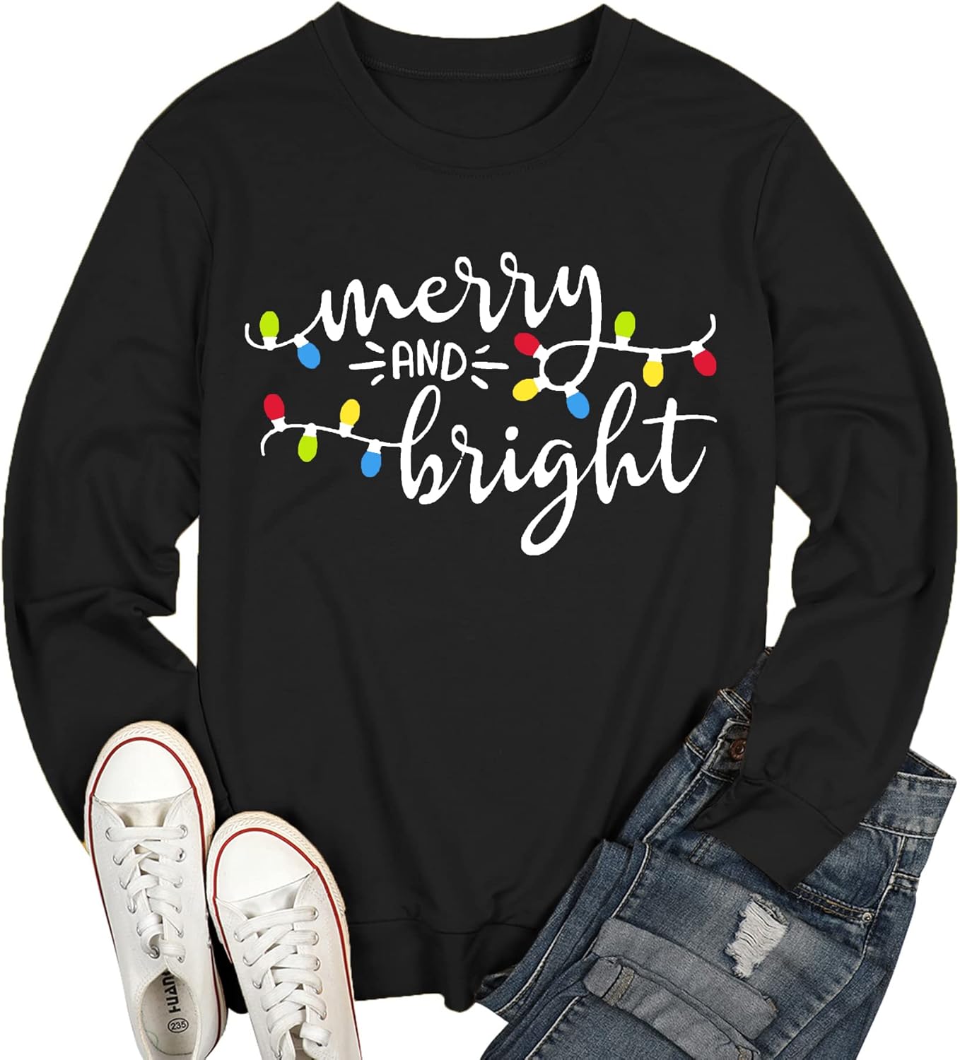 Christmas Sweatshirt Women Merry and Bright Christmas T-Shirt Funny Xmas Lights Blouse Tops Holiday Shirts - Image 3