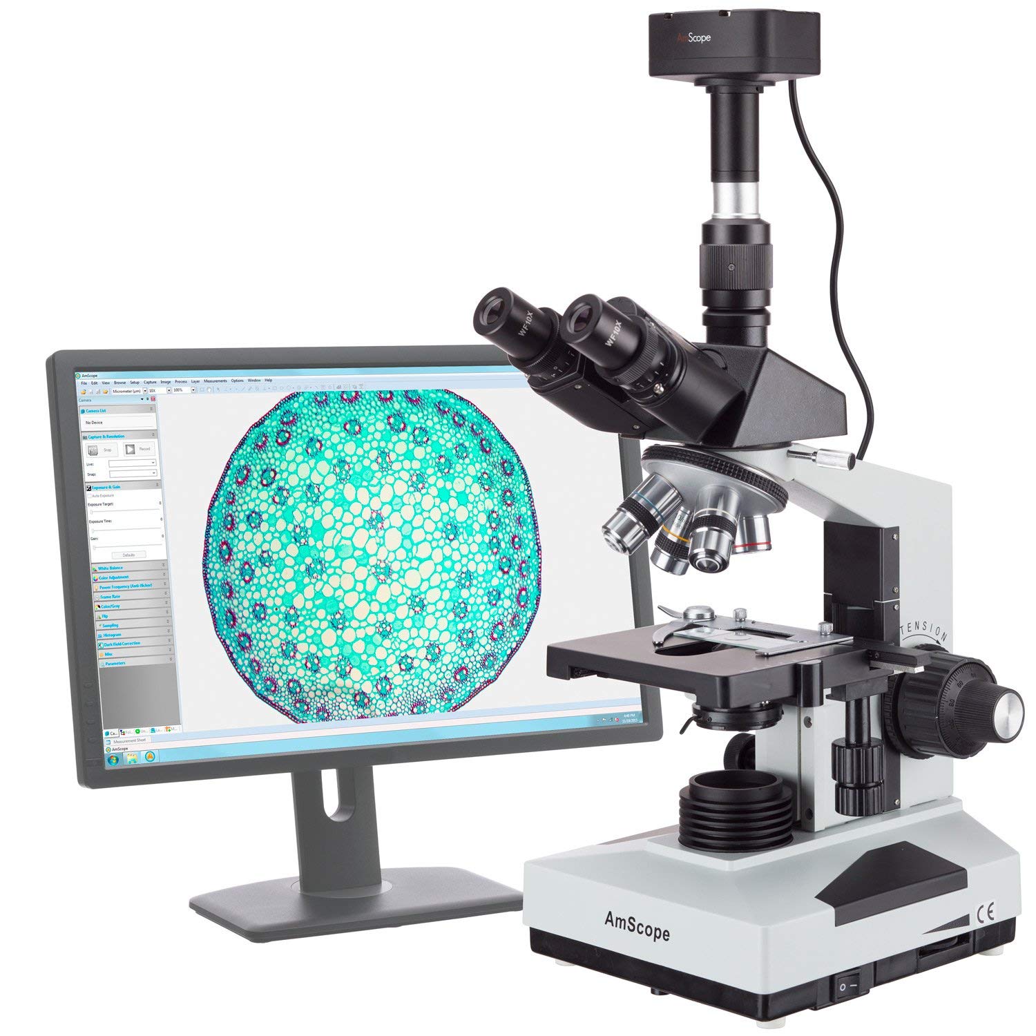 AmScope T490B-5MT Digital Compound Trinocular Microscope, WF10x and WF20x Eyepieces, 40X-2000X Magnification, Brightfield, Halogen Illumination, Abbe Condenser, Double-Layer Mechanical Stage, Sliding Head, High-Resolution Optics, Includes 5MP Camera with Reduction Lens and Software