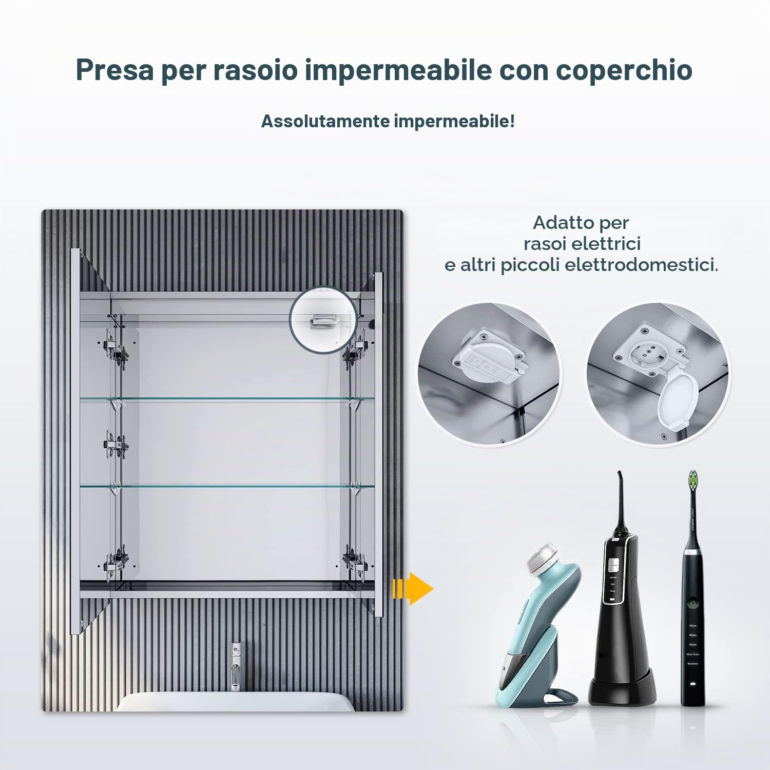 SONNI Armadio a LED con Specchio Illuminato 50 x 70 cm in Alluminio Antiappannamento Design Cerniera Wireless, Mobiletto Bagno Sospeso con Specchio e Presa Impermeabile per Bagno