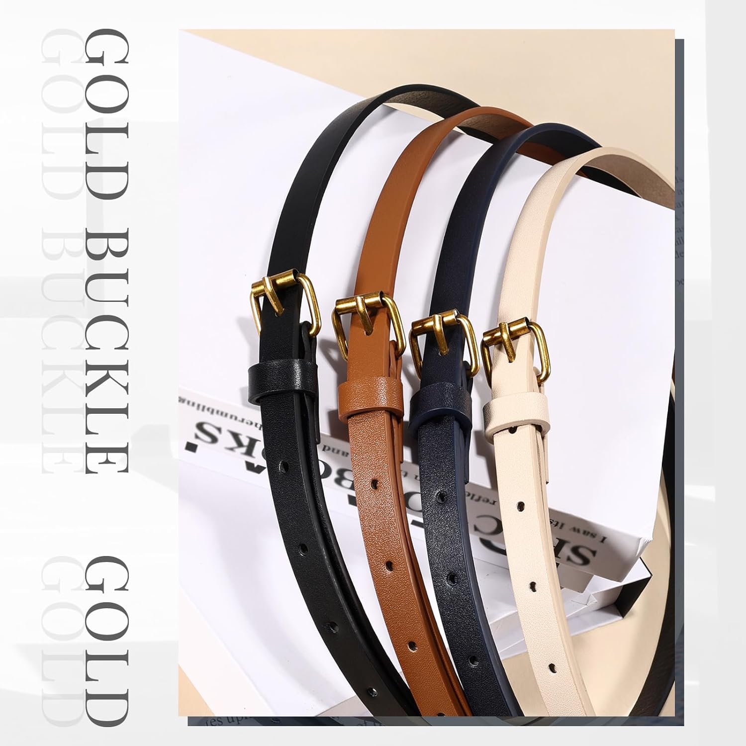 JASGOOD 4 Pack Skinny Women Leather Belt for Dresses Thin Waist Belt for Jeans Pants with Gold Buckle - Image 4