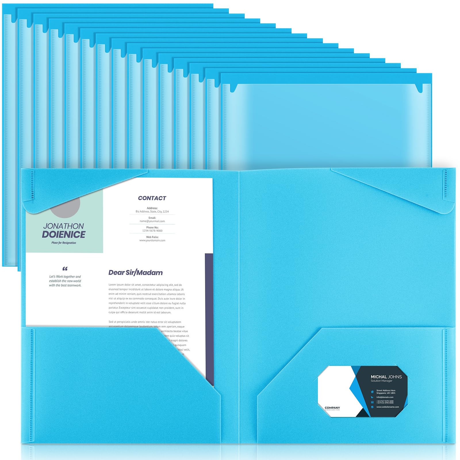 Henoyso 36 Pack Light Blue Plastic Folders with Clear Front Pockets Heavy Duty File Folders with 2 Pockets and Card Slot for Student Communication