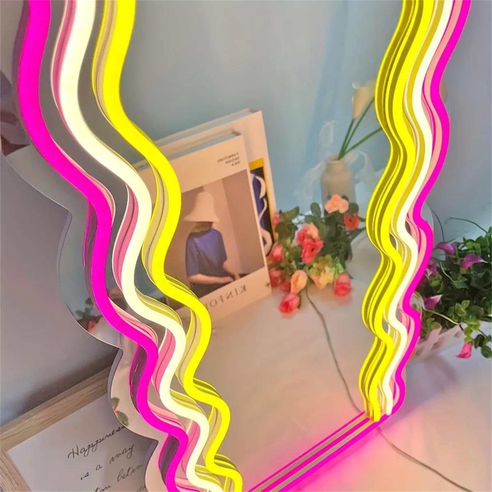 B,Panneau néon LED avec Miroir ondulé alimenté par USB pour Coiffeuse décoration Murale Chambre à Coucher Cadeaux artistiques décoration Table Maquillage Cadeaux d'anniversaire