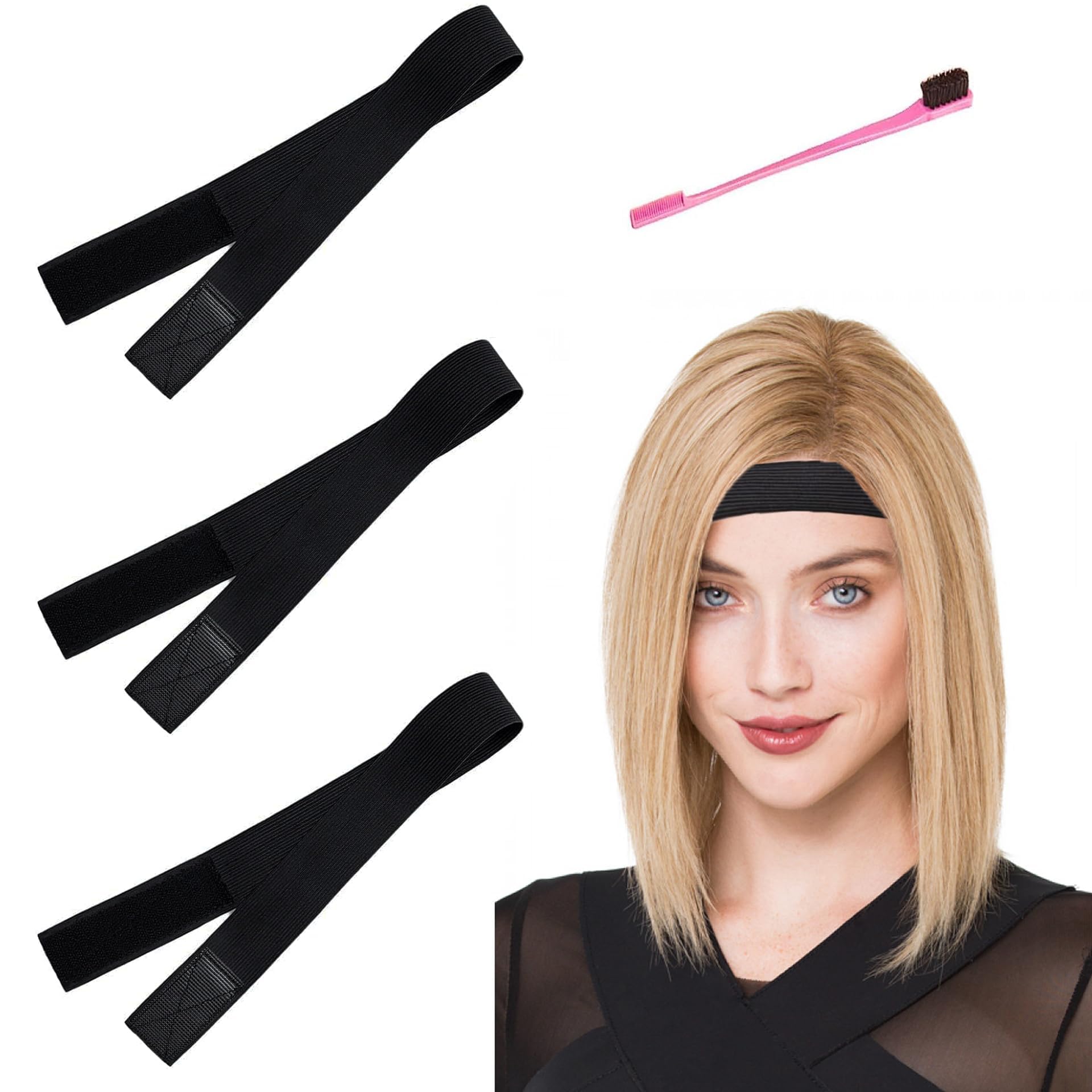 3Pcs Wig Band Black Elastic Bands for Wigs 3cm Width Wig Melt Band Anti-slip Wig Band for Melting Lace with 1pcs Wig Edge Brush Edge Laying Bands for Fixed Holding Hair Wigs