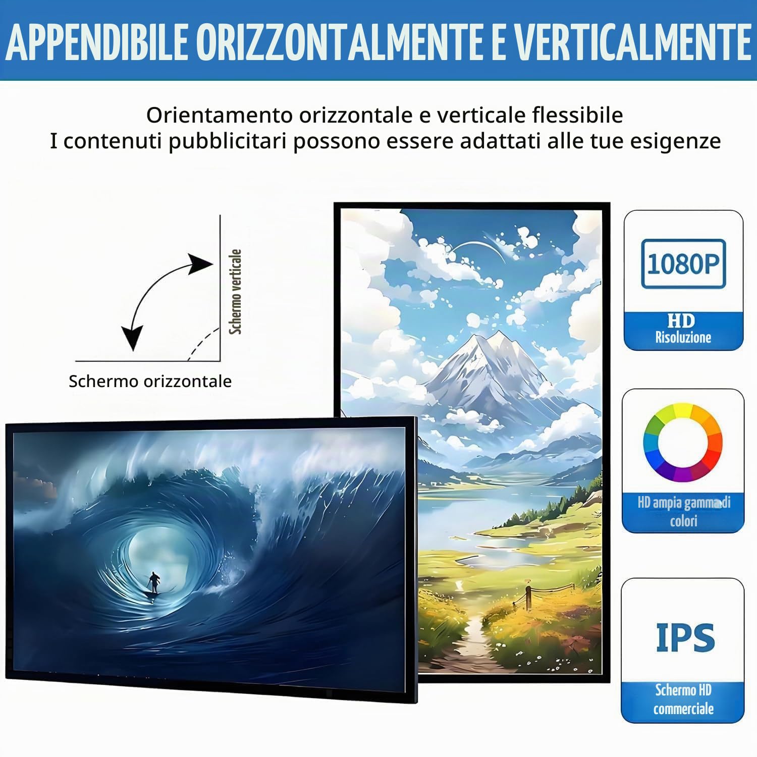 Pannello pubblicitario elettronico, schermo LED per la riproduzione di video/immagini, montaggio a parete/incassato, formato orizzontale/verticale,pubblicazione remota/pubblicazione tramite USB 21.5"