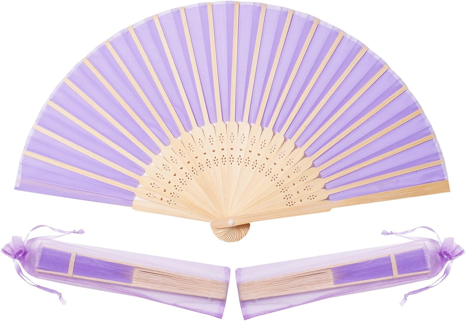 Sepwedd 50pcs Violet Imitated Silk Fabric Bamboo Folded Hand Fan Bridal Dancing Props Church Wedding party favors with Organza Bags