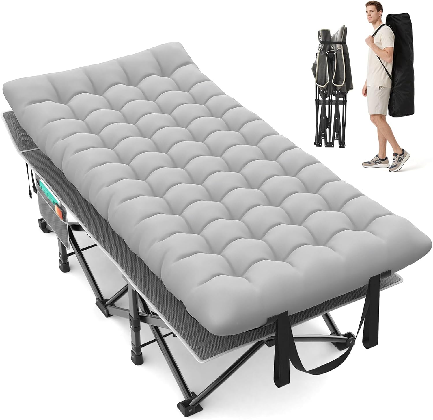 Suteck 32In XXL Folding Camping Cot, 900LBS Heavy Duty Sleeping Cot with Pillow Mattress, 1200D Double-Layer Oxford Portable Cot for Adults with Carry Bag for Home Office Nap Beach Travel
