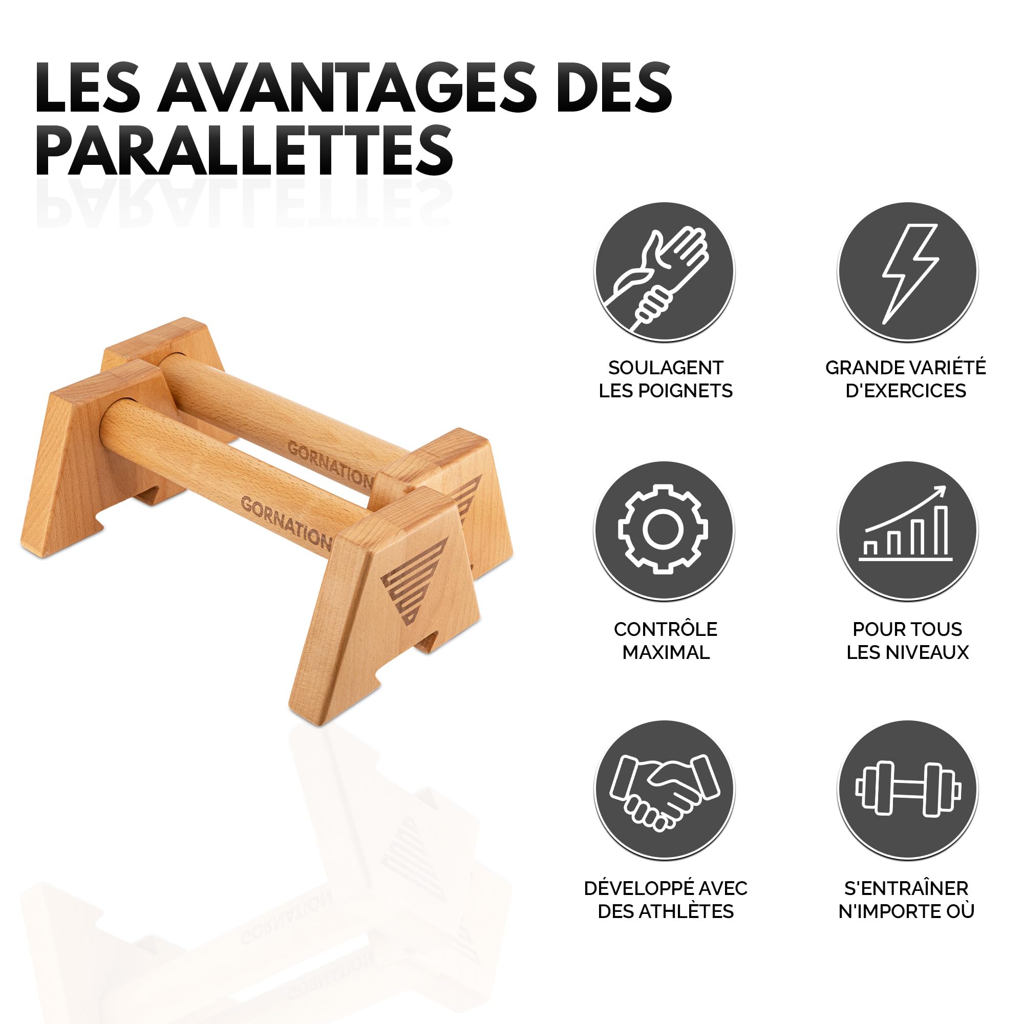 GORNATION Parallettes en Bois, Barres Parallèles por Musculation, Calisthenics, Street Workout & Fitness Training, Push Up Bars, Poignées de Pompe, Antidérapantes, incl. Grip Tape 2.0 10m
