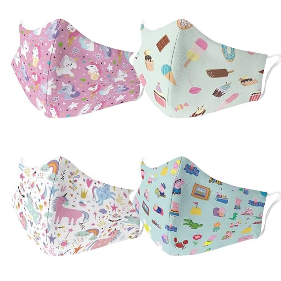 Sweet Heart Creations 3 Ply 100% Cotton Soft, Reusable & Breathable Kids Face Mask - Unicorn, Ice Cream, Cartoon Clip Art (Without Valve, Pack of 4) for Kids Age 5 to 10 years