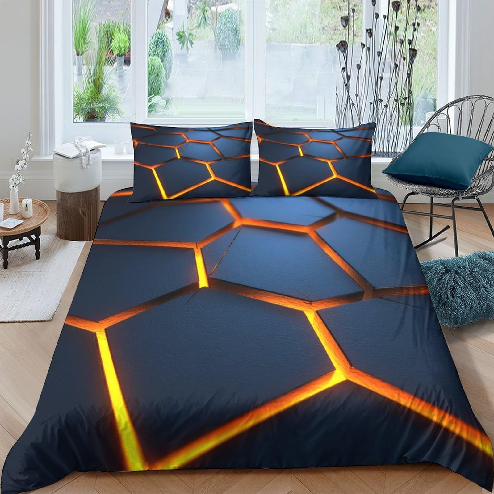 Ctjqhvkz Style-2 3D Printed Lava Hexagon Fitted Sheet Microfiber Soft Breathable Geometric Pattern Mattress Cover Bedroom Decor Single（135X200cm）