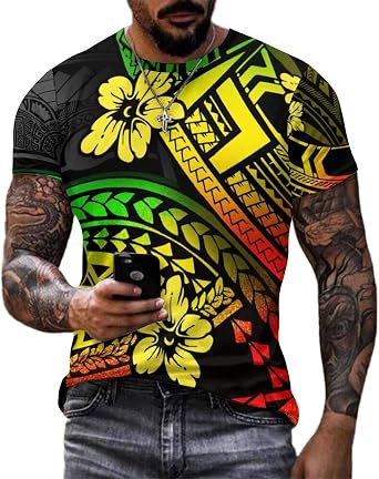 joo meryer Mens Oversize T-Shirt Polynesian Tribal Printed Short Sleeve Summer Tee Shirt
