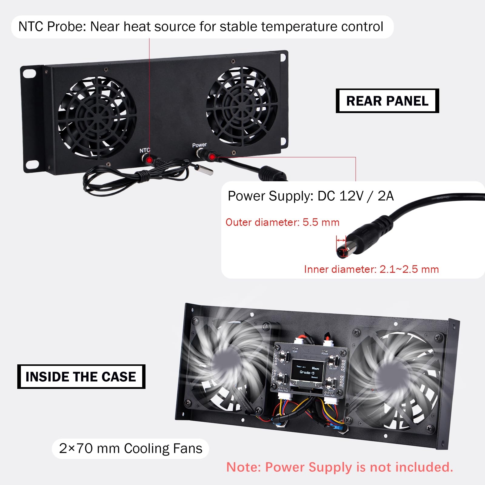 GeeekPi Panel de enfriamiento de doble ventilador de montaje en rack de 2U de 10 pulgadas con pantalla OLED y 2 ventiladores de 70 mm para racks de mini servidor de 10 pulgadas, compatible con DeskPi