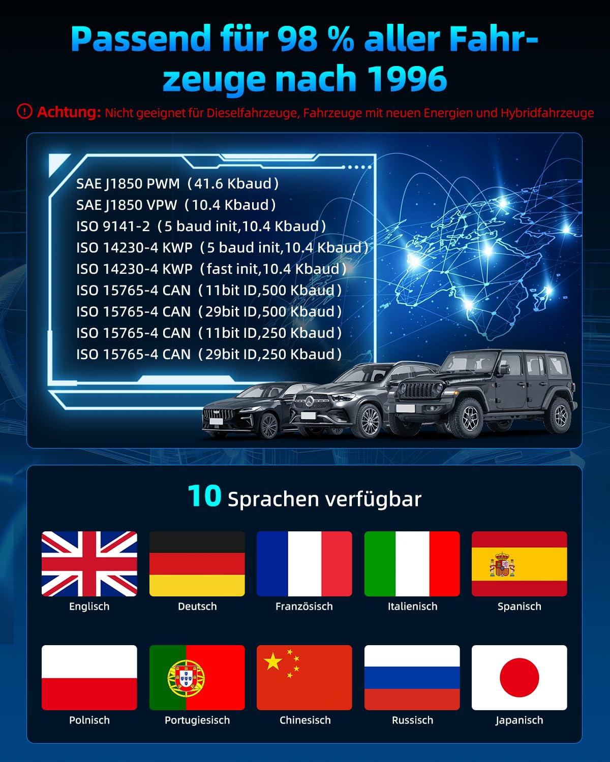 Carehabi OBD2 Diagnosegerät, Diagnosegerät Auto, Auslesegerät Auto für Alle Fahrzeuge seit 1996 & Newer (Schwarz)