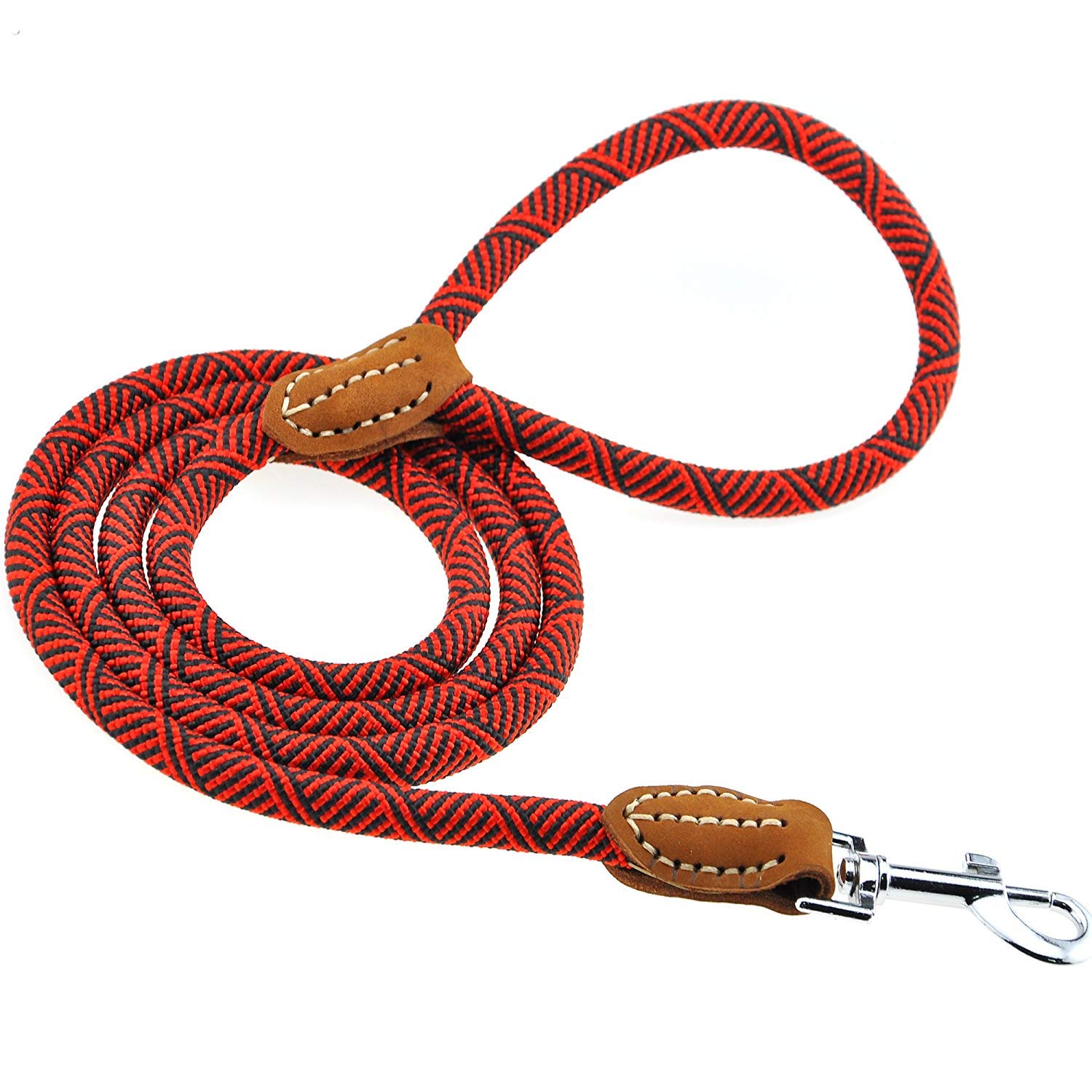 Mile High Life Correa de Cuerda de Perro de Escalada de montaña con Mango de Cuero(152 CM, Rojo) | Correa de cuerda, cierre de metal giratorio de 360° resistente, para perros pequeños, medianos y grandes (rojo, 60 pulgadas)