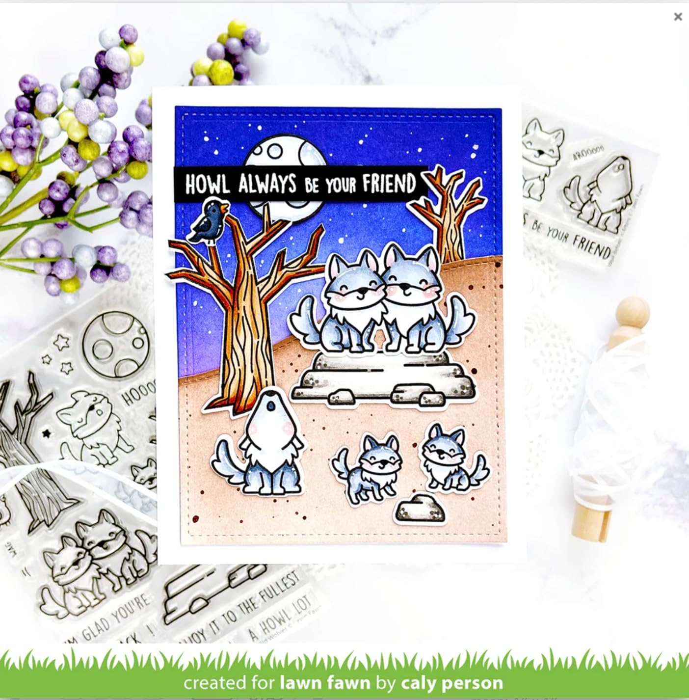 Lawn Fawn Wild Wolves 4"x6" Clear Stamp Set, Coordinating Dies, Carnora Storage Pocket, Bundle of 3 Items