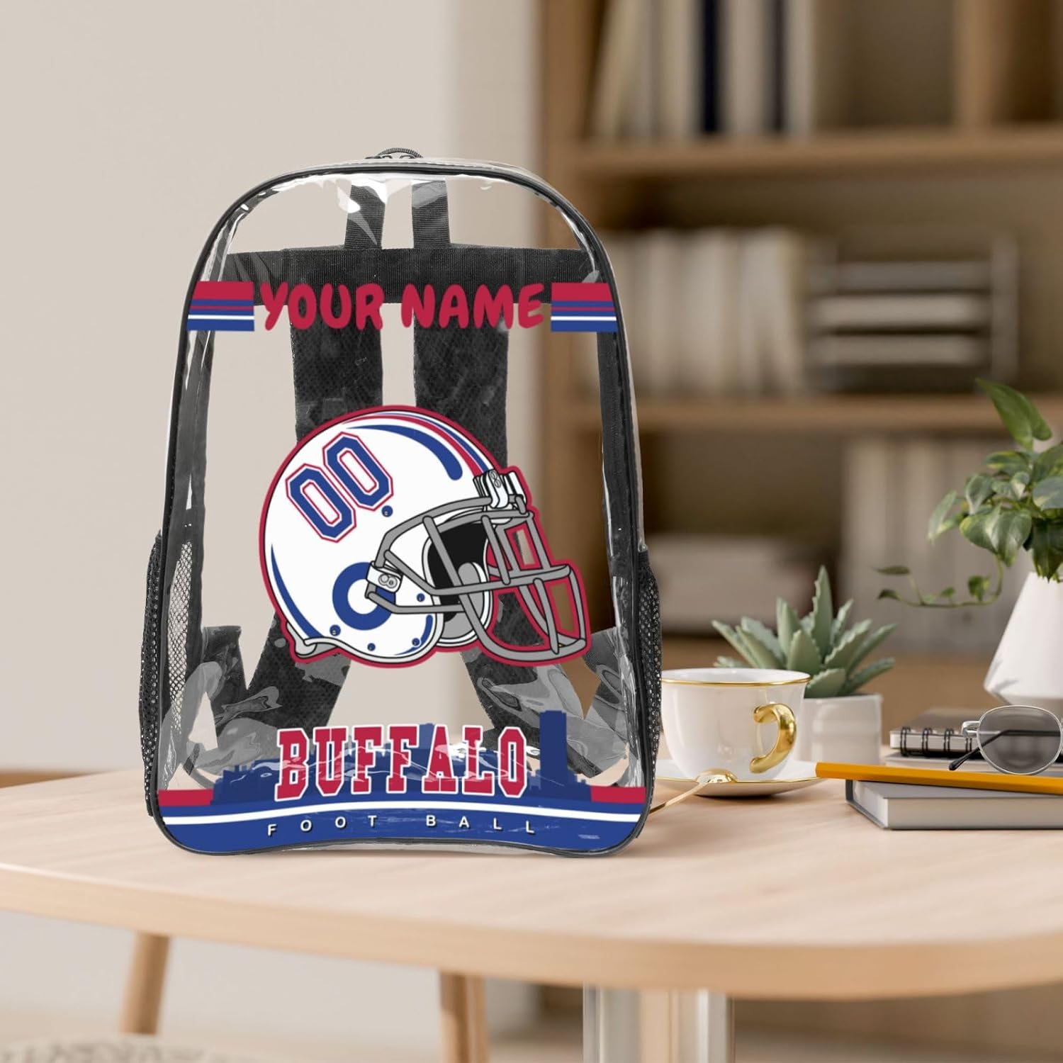 Custom Buffalo Backpack Personalized Clear Backpack With Name And Number，Large Capacity Transparent Laptop Bag Football Style Casual Daypack Gifts For Men Women Fans