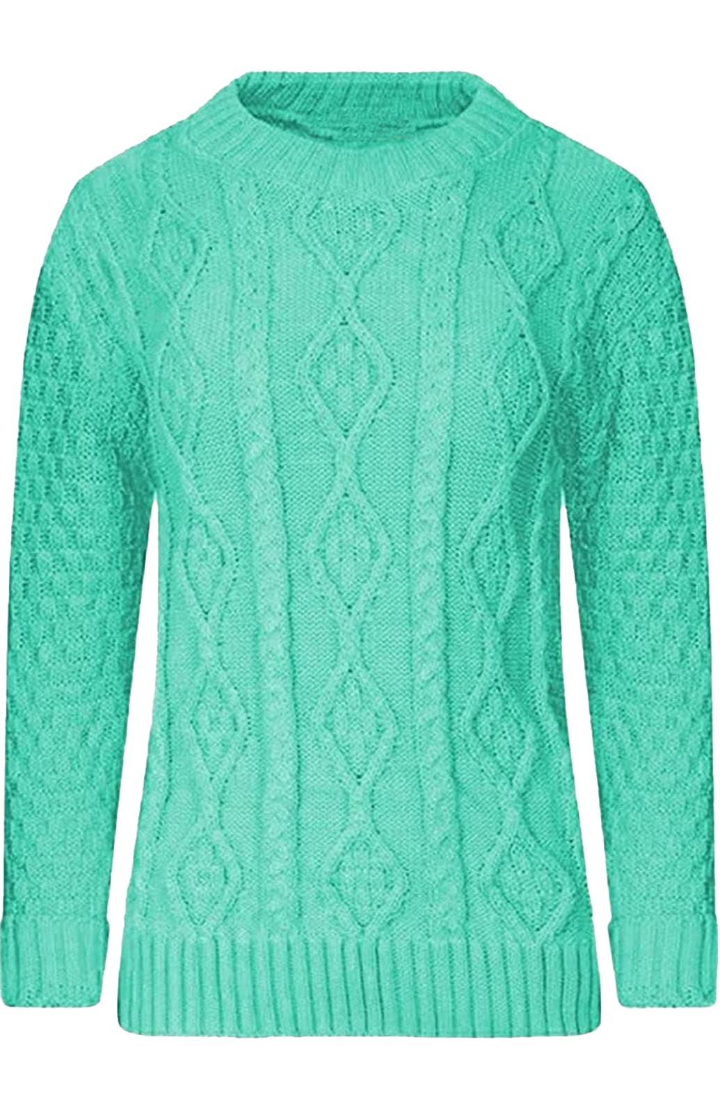STAR FASHION Cable Knitted Crew Neck Jumper Long Sleeve Womens Aran Knit Jumpers Sweater Pullover Top Mint ML