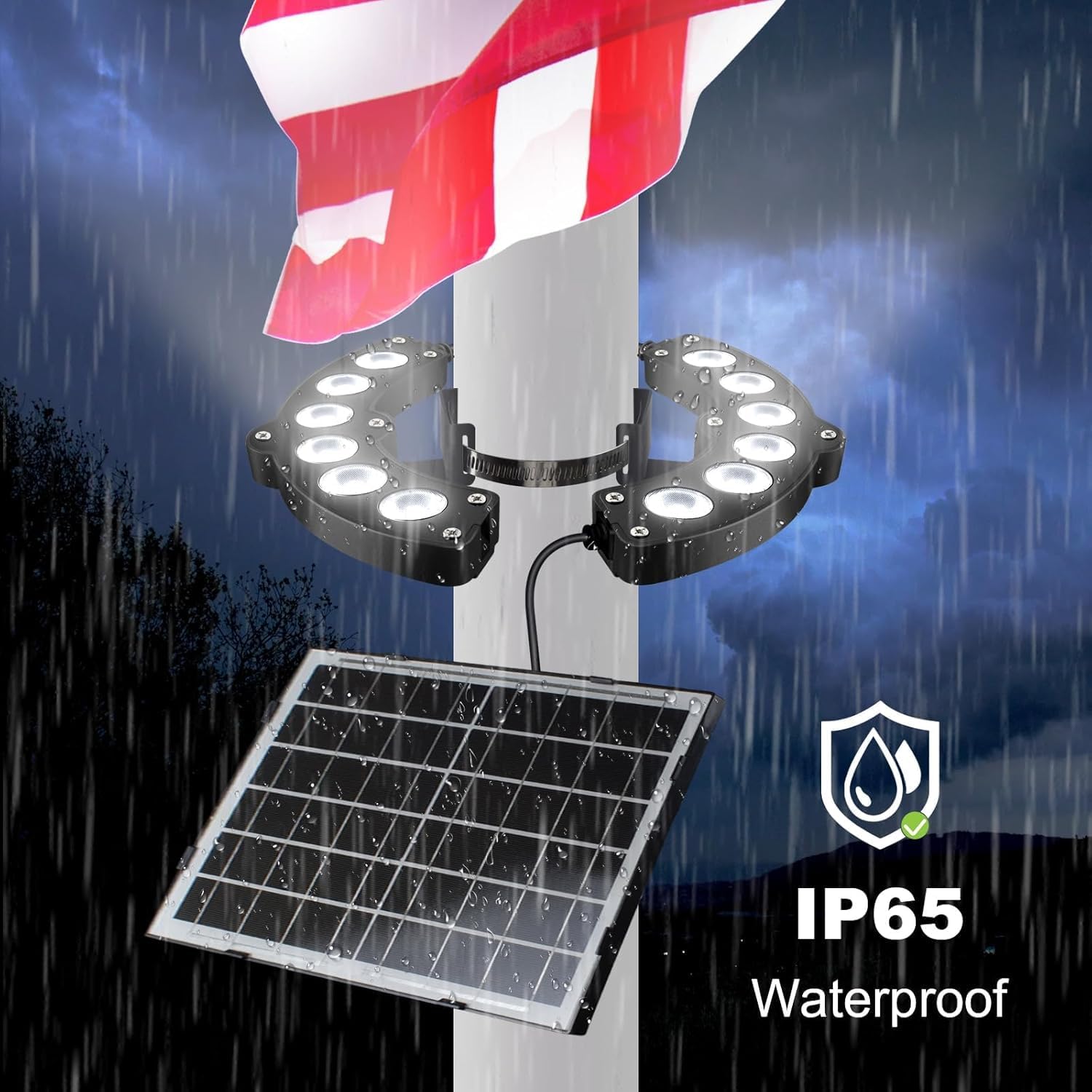Flag Pole Lights Solar Powered 14W12000 mAh Solar FlagPole Light Up to 18-24 Hrs, IP67 Waterproof, Adjustable Clamp fits 2-6” Dia 15-40 Ft Outdoor Flagpoles Brightest, Auto Dusk to Dawn