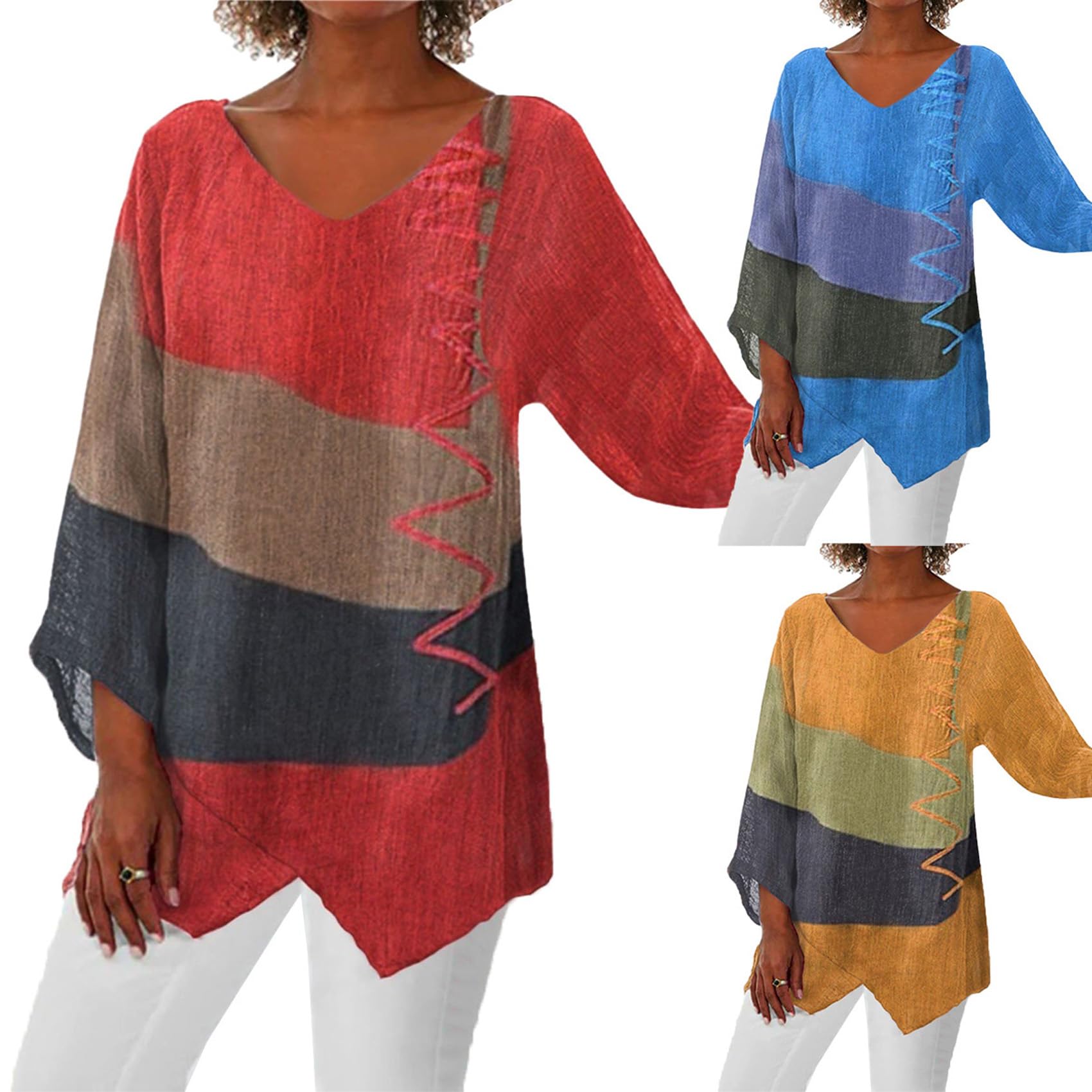 Las Mujeres De OtoñO Casual Suelta con Cuello En V Dobladillo Irregular De ImpresióN De Manga Larga Blusa De La Vendimia
