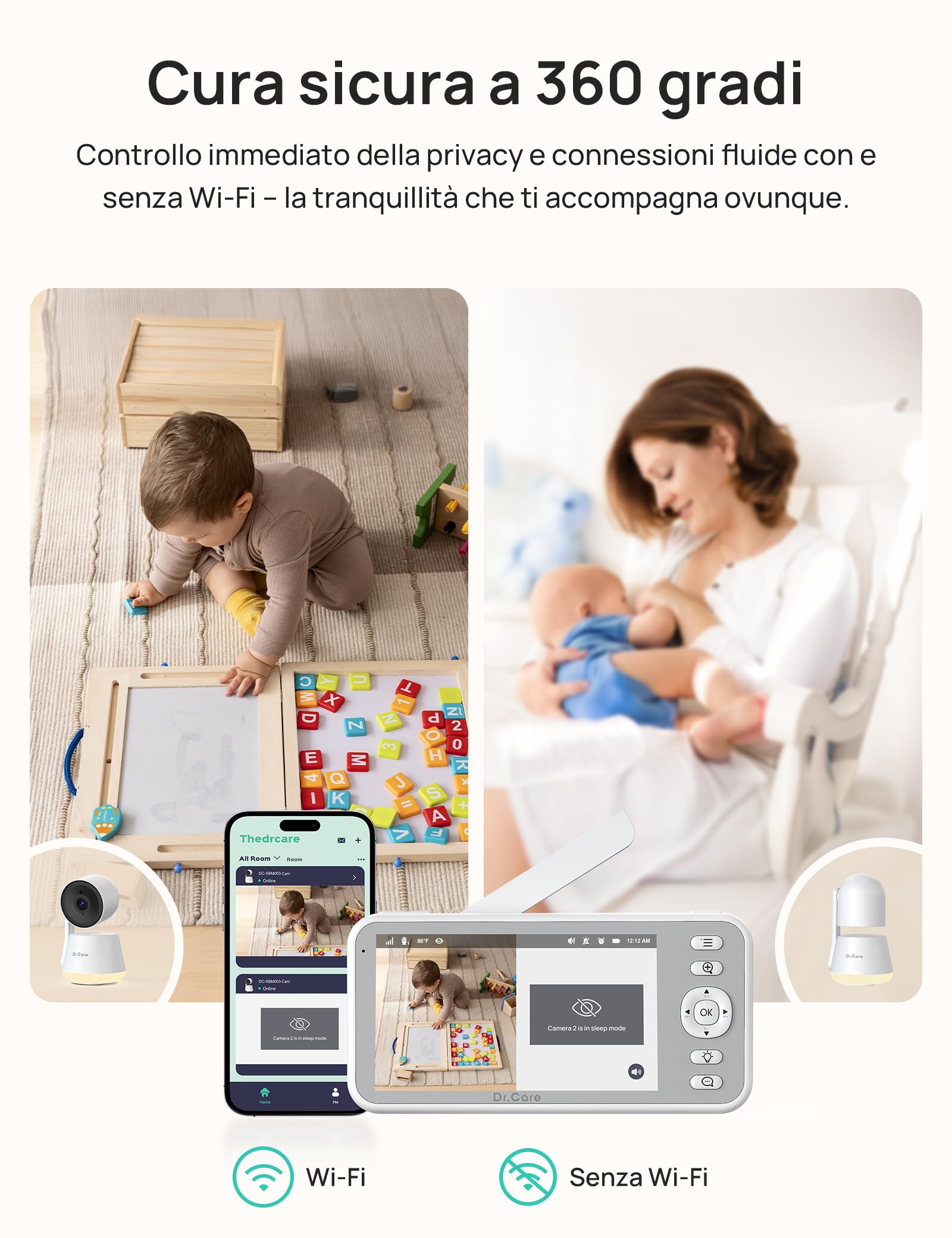 Dr.Care LumiView Baby Monitor WiFi SBM003-1080P FHD & 2K, Controllo App, Modalità Privacy, Batteria 5000mAh, Allarmi Pianto e Movimento, Luce Notturna RGB (Monitor 5" con 2 Telecamere)