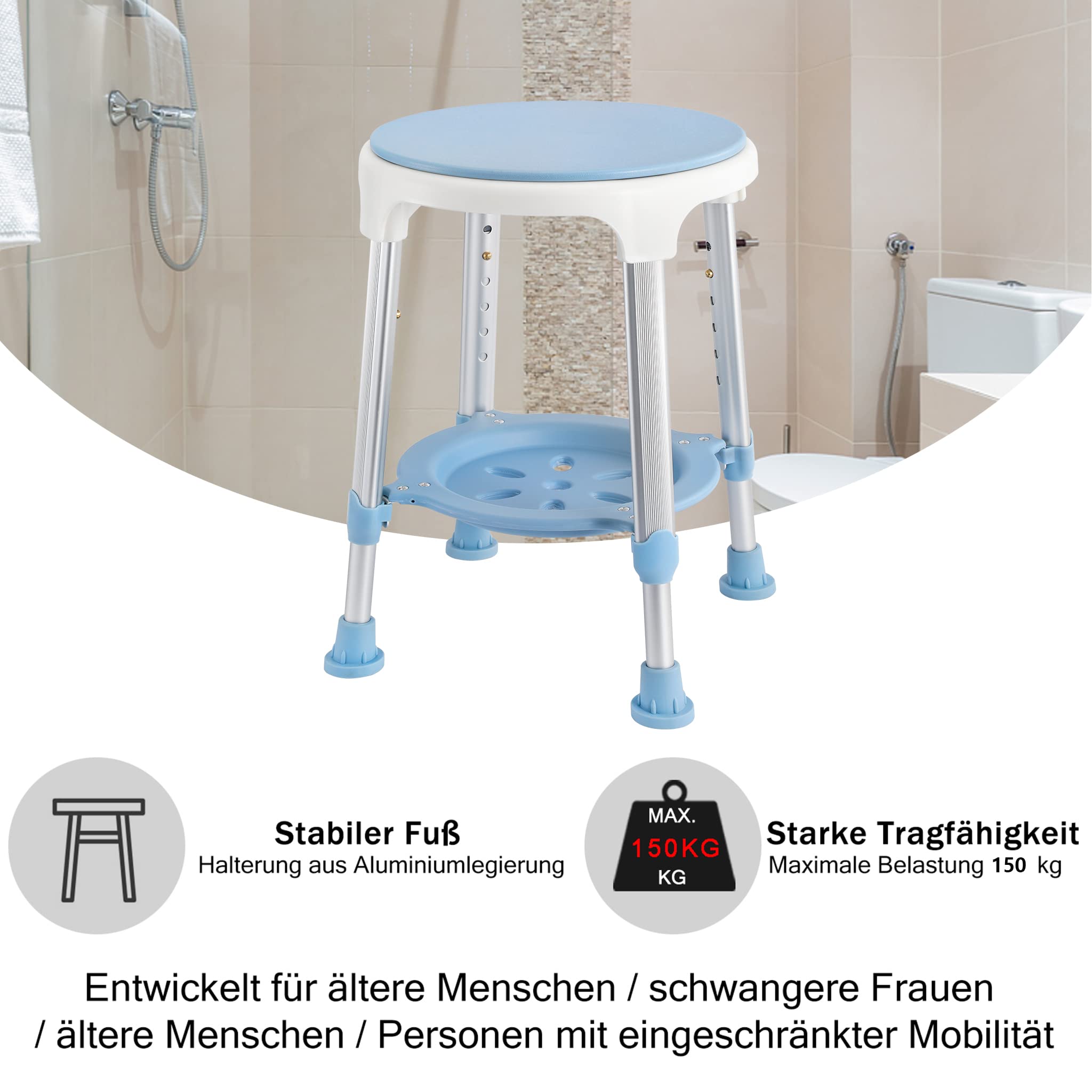 XMTECH Obracany o 360° taboret prysznicowy, taboret łazienkowy, 42-54,5 cm, regulacja wysokości, taboret łazienkowy, pomoc pod prysznic, siedzisko łazienkowe, maks. 150 kg
