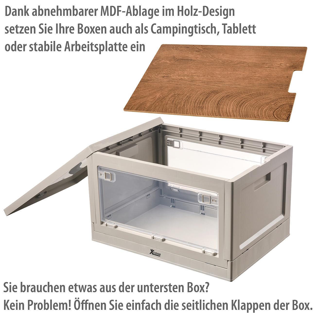Xcase Campingbox: 2er-Set Camping-Aufbewahrungsboxen, falt- & stapelbar, MDF-Ablage, 55l (Camping Boxen, Faltbare Boxen transparent, Schuhe)