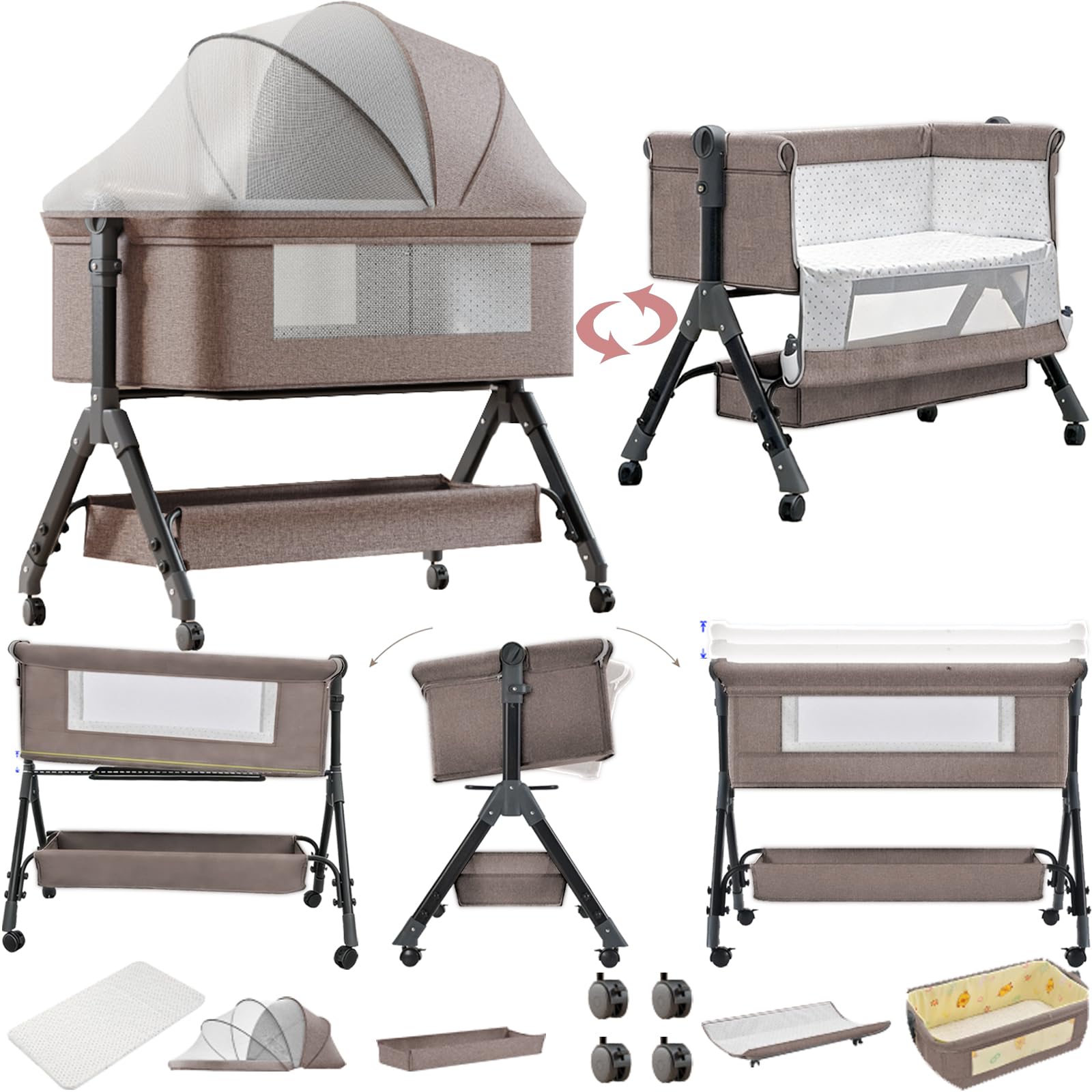 Lit Cododo Bebe, Pliable Convertible Cododo Berceau Bébé Co-Sommeil, Lit Bebe avec Matelas (X3 Khaki)