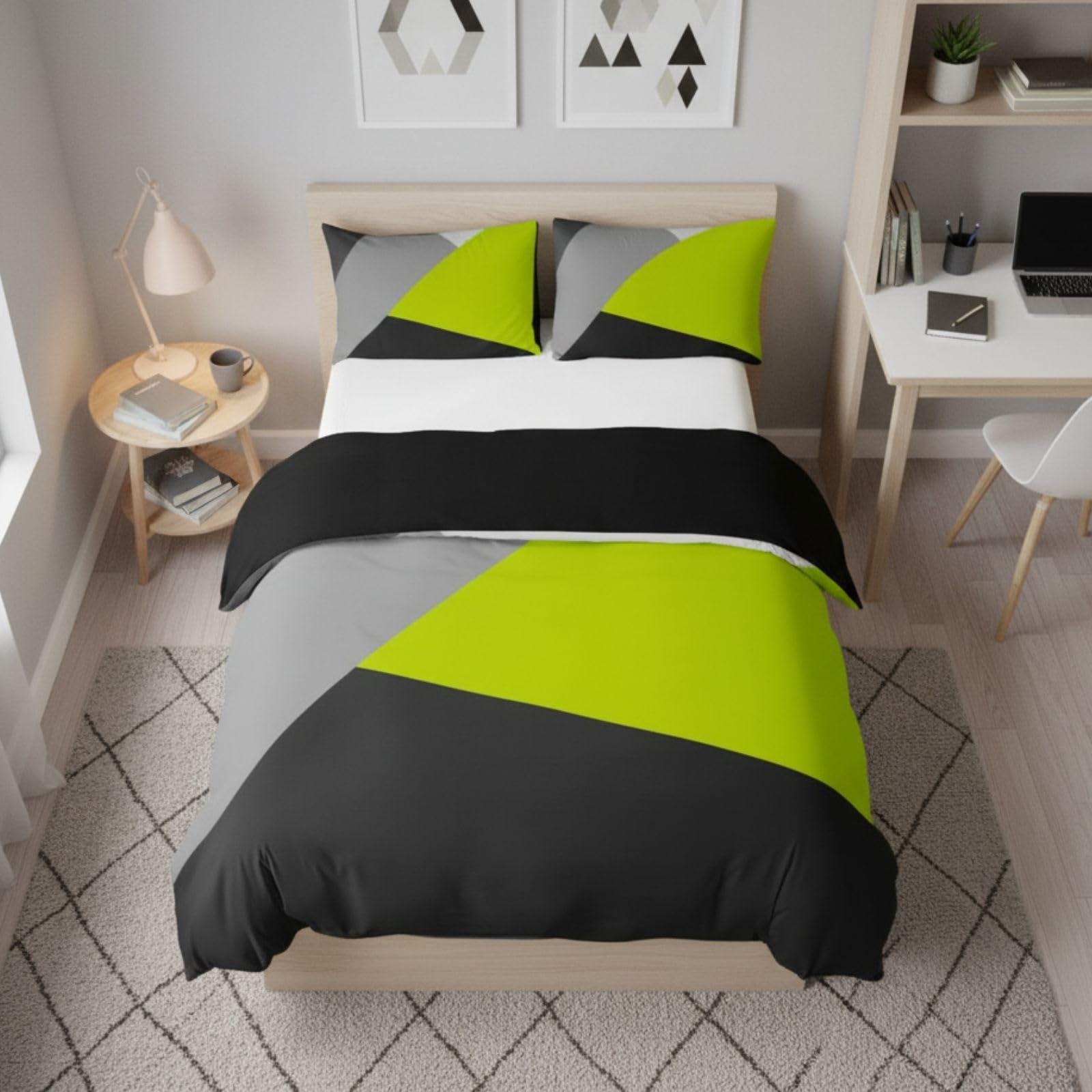Homewish Lime Green Black Grey Bedding Set Geometric Triangle Duvet Cover King Patchwork Comforter Cover For Kids Teen Adults Modern Abstract Bedspread Cover With 2 Pillow Cases