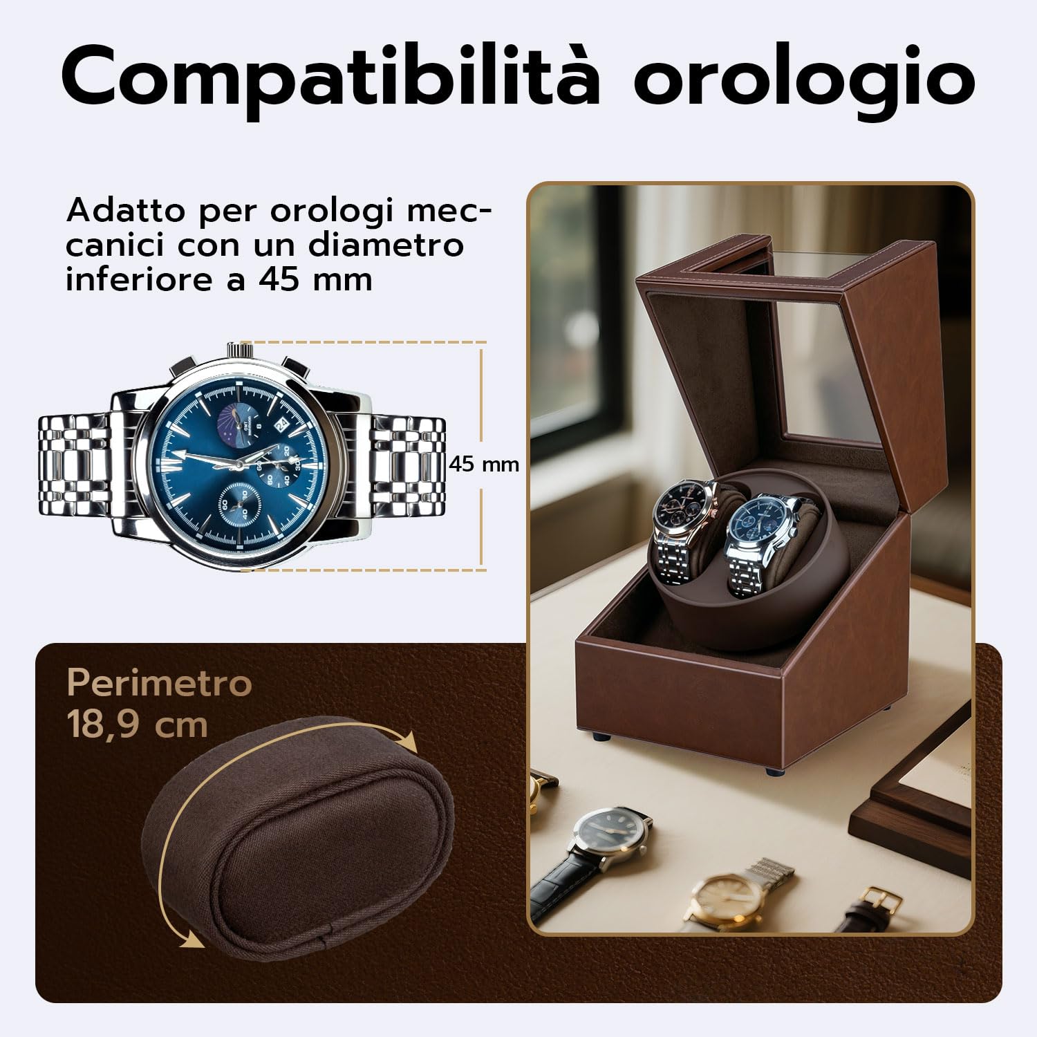 Mcbazel Carica Orologi Automatici in Pelle, Scatola per Due Orologi, Cofanetto per Orologi Automatici con Unità Rotante Silenziosa a Due Mode di Rotazione [Marrone]