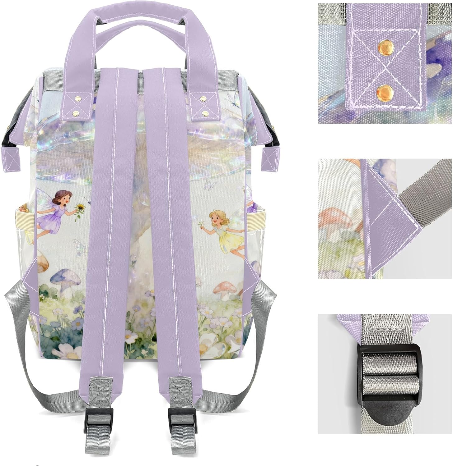 Personalized Large Capacity Violet Mushrooms Floral Fairy Diaper Bags,Custom Name Backpack Casual Daypack Bag Nappy Bag Backpack Gifts for Girls Boys